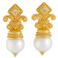 Diamond and White Pearl Yellow Gold Drop Omega Earrings