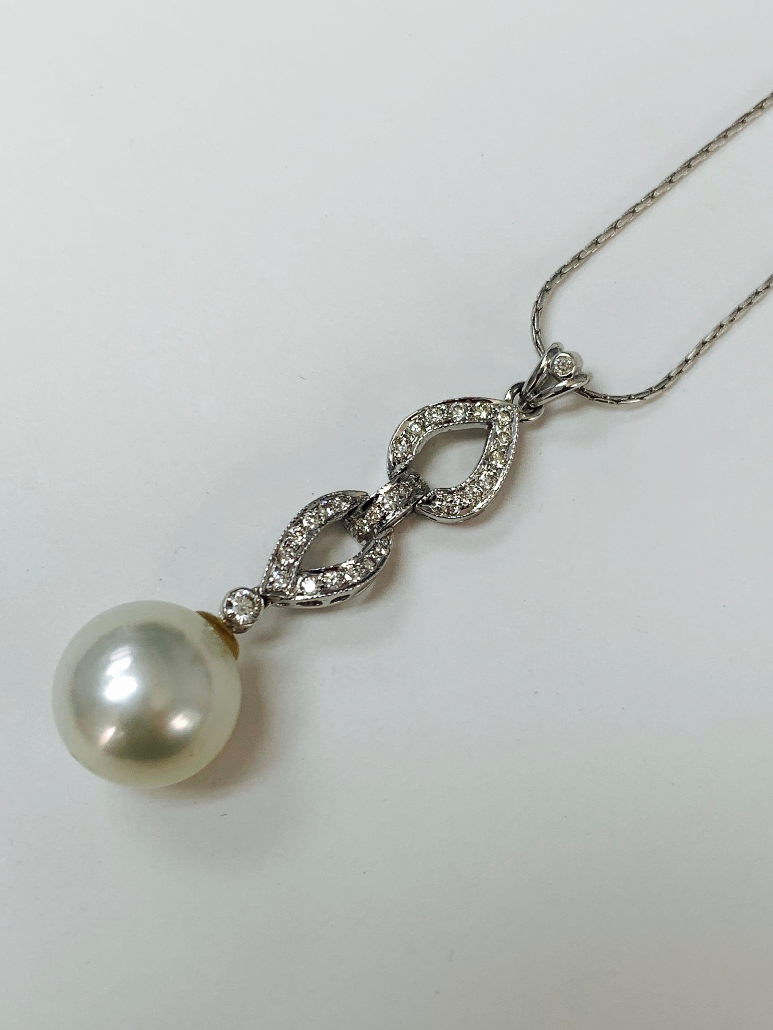 Contemporary Diamond and White South Sea Pearl Pendant in 18K White Gold For Sale