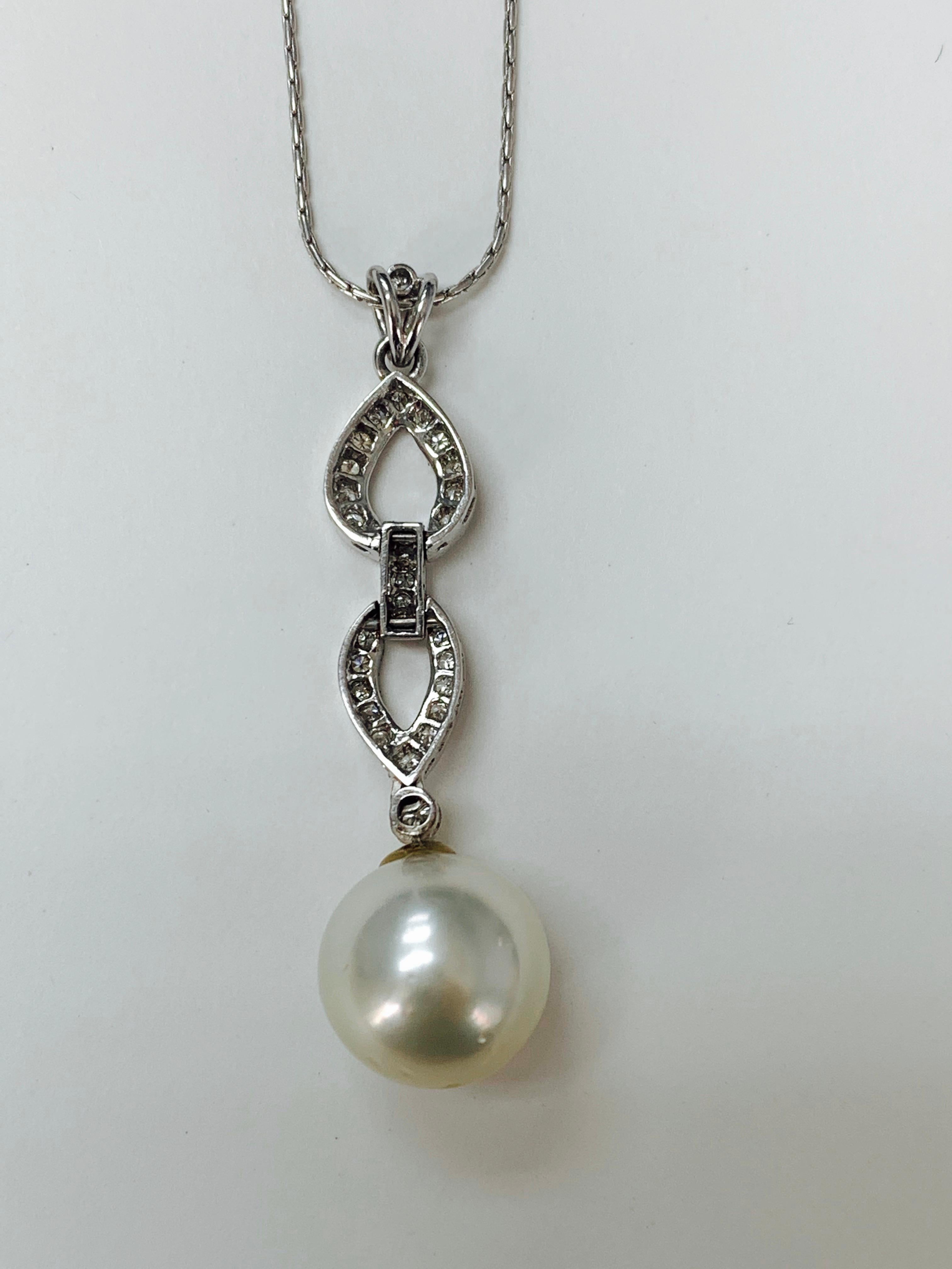 Round Cut Diamond and White South Sea Pearl Pendant in 18K White Gold For Sale