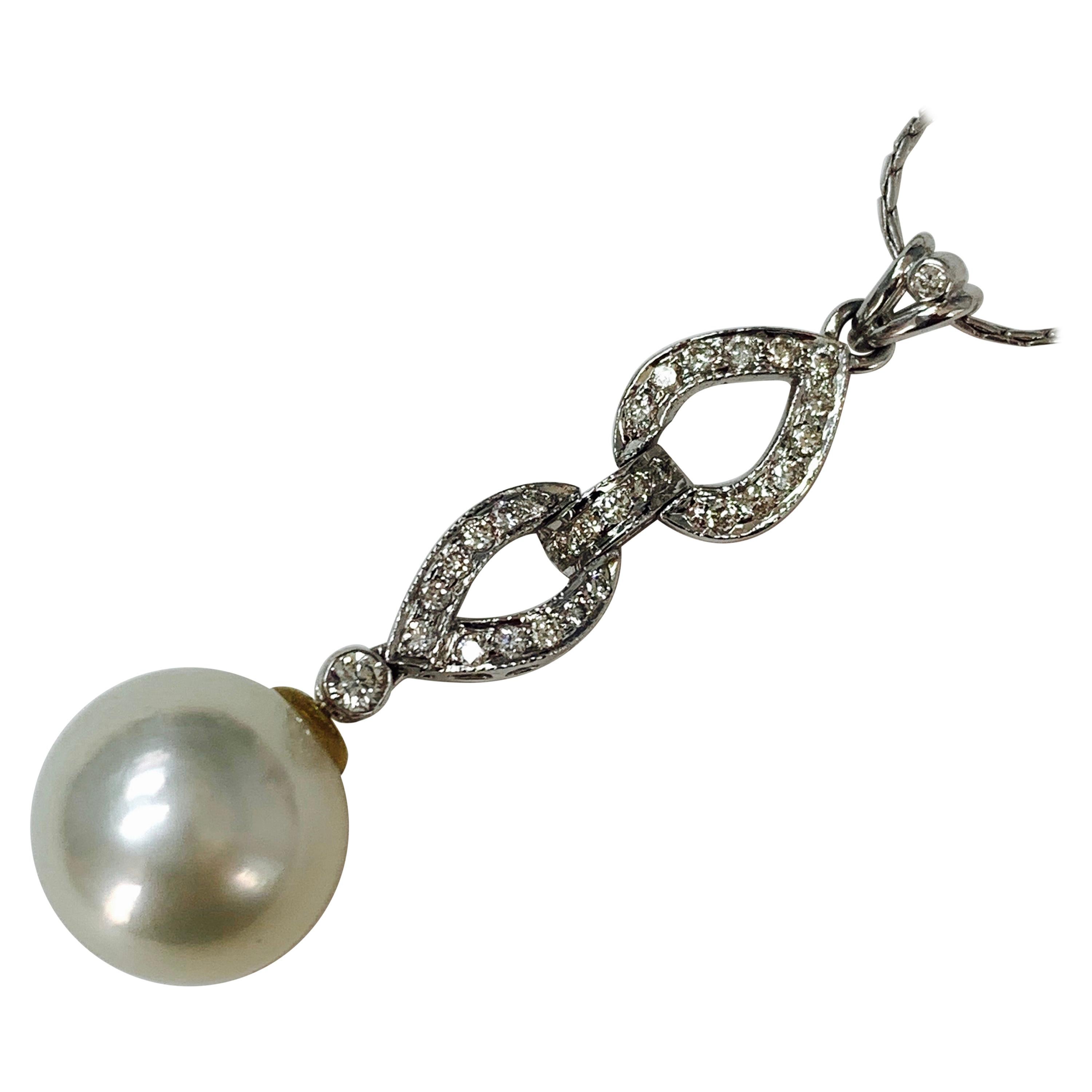 Diamond and White South Sea Pearl Pendant in 18K White Gold For Sale