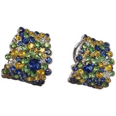 Diamond and Yellow and Blue Sapphire Hoop Earrings in 18 Karat White Gold