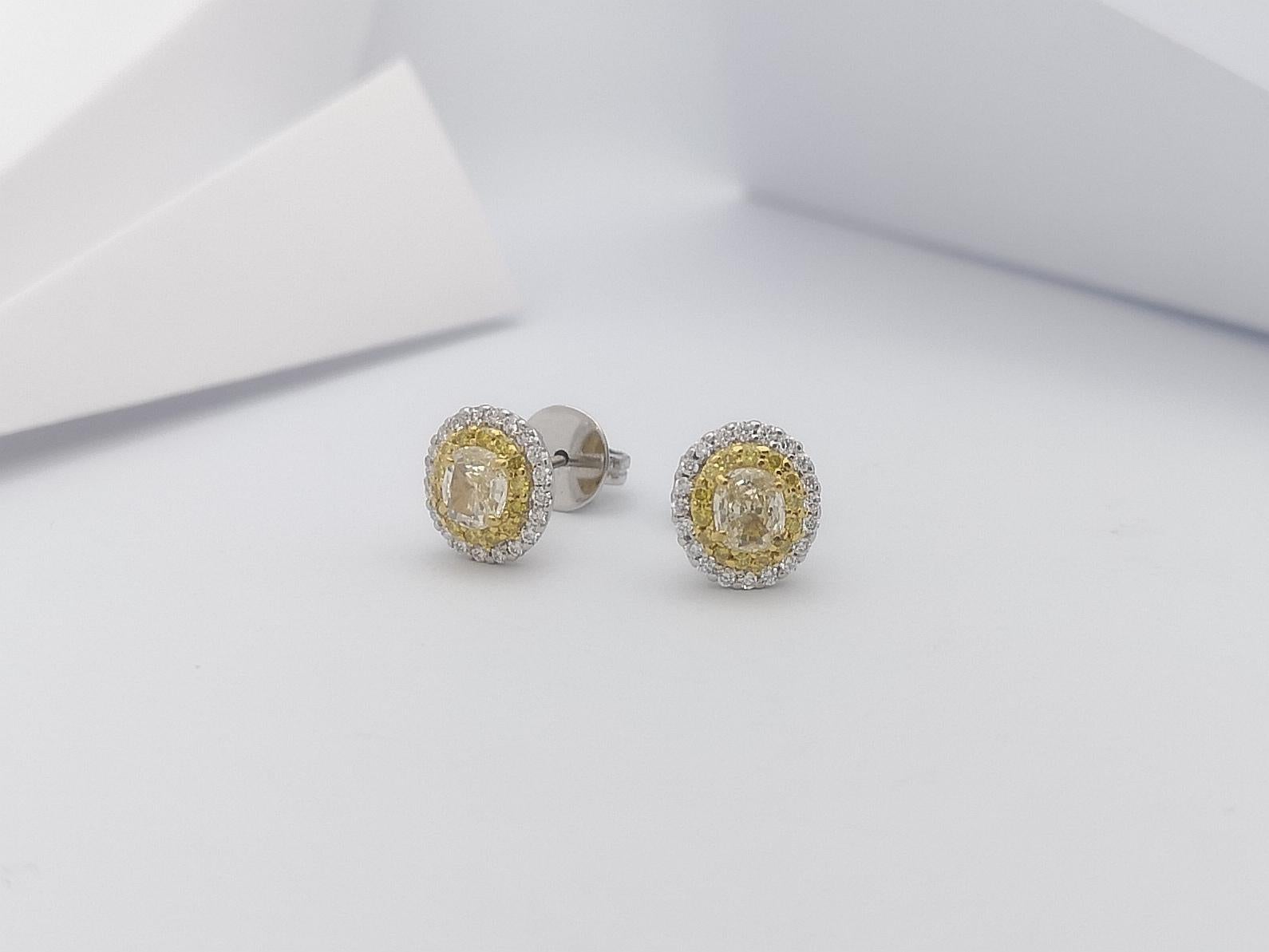 Diamond and Yellow Diamond Earrings Set in 18 Karat White Gold Settings In New Condition For Sale In Bangkok, TH