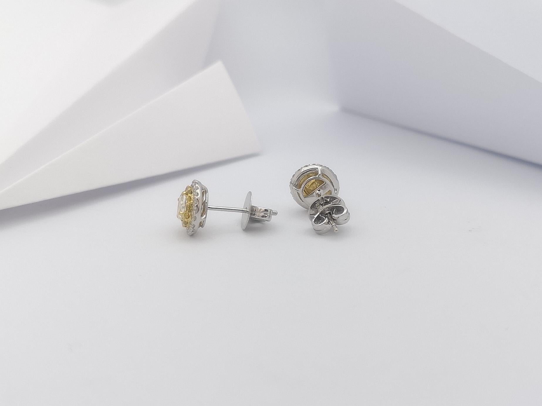 Diamond and Yellow Diamond Earrings Set in 18 Karat White Gold Settings For Sale 1