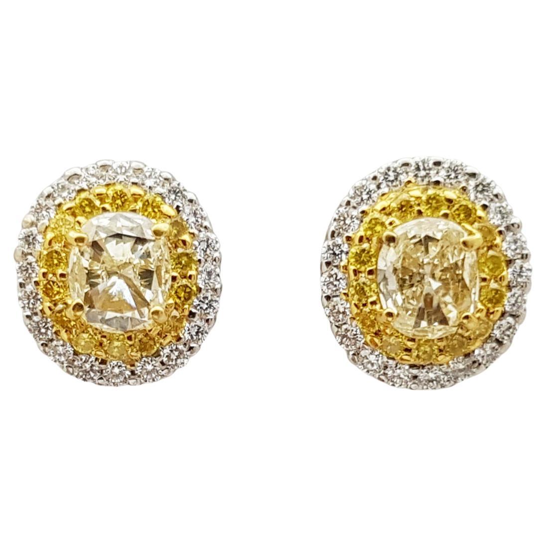 Diamond and Yellow Diamond Earrings Set in 18 Karat White Gold Settings For Sale