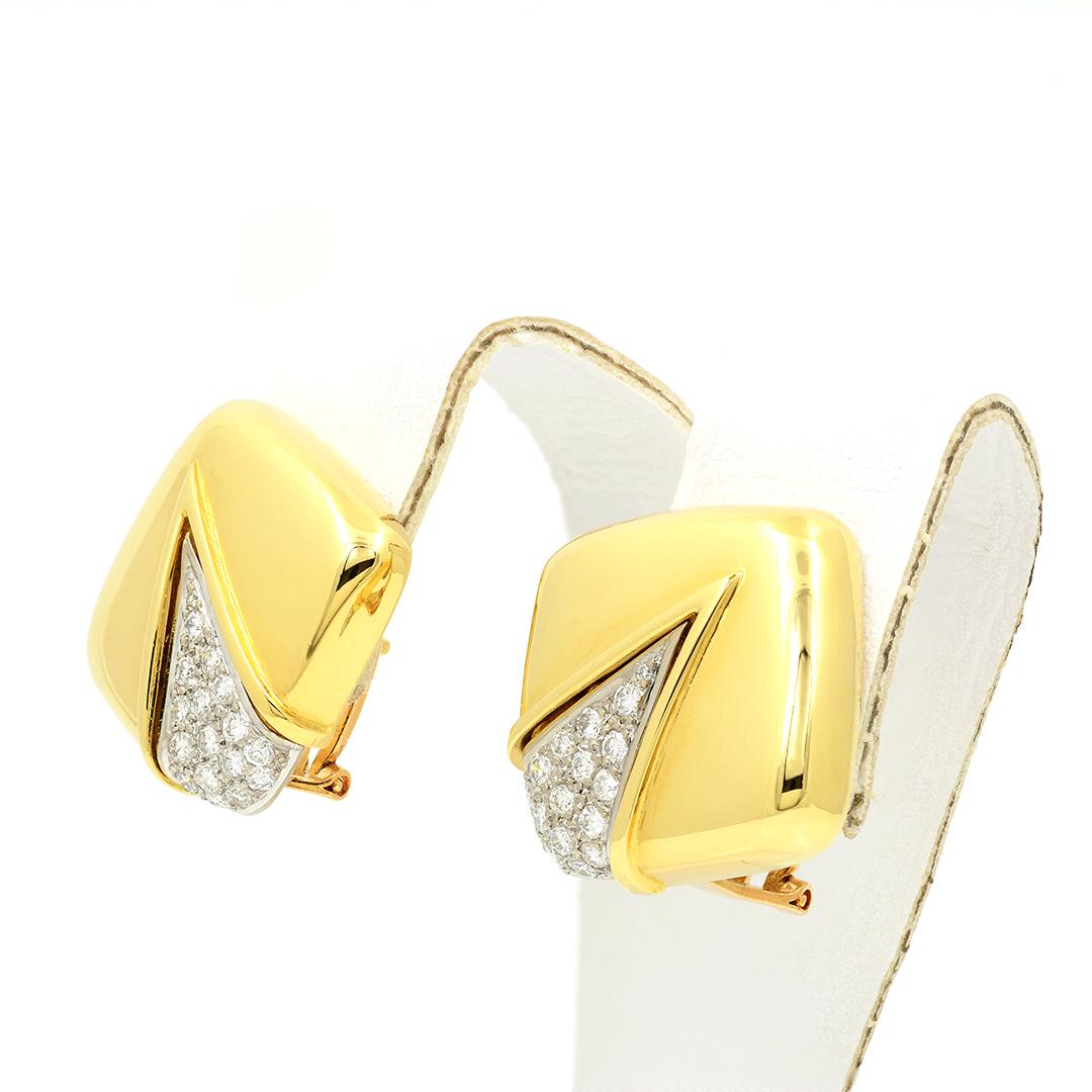 Round Cut Diamond and Yellow Gold Cushion Shaped Earrings