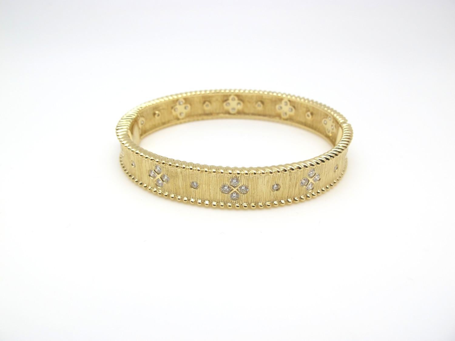 Artisan Diamond and Yellow Gold Hinged Bangle Bracelet, Textured Floral Motif  For Sale