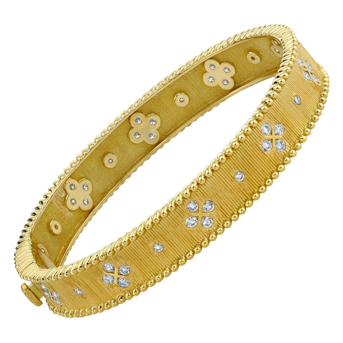 Diamond and Yellow Gold, Floral Motif, Textured Hinged Bangle Bracelet