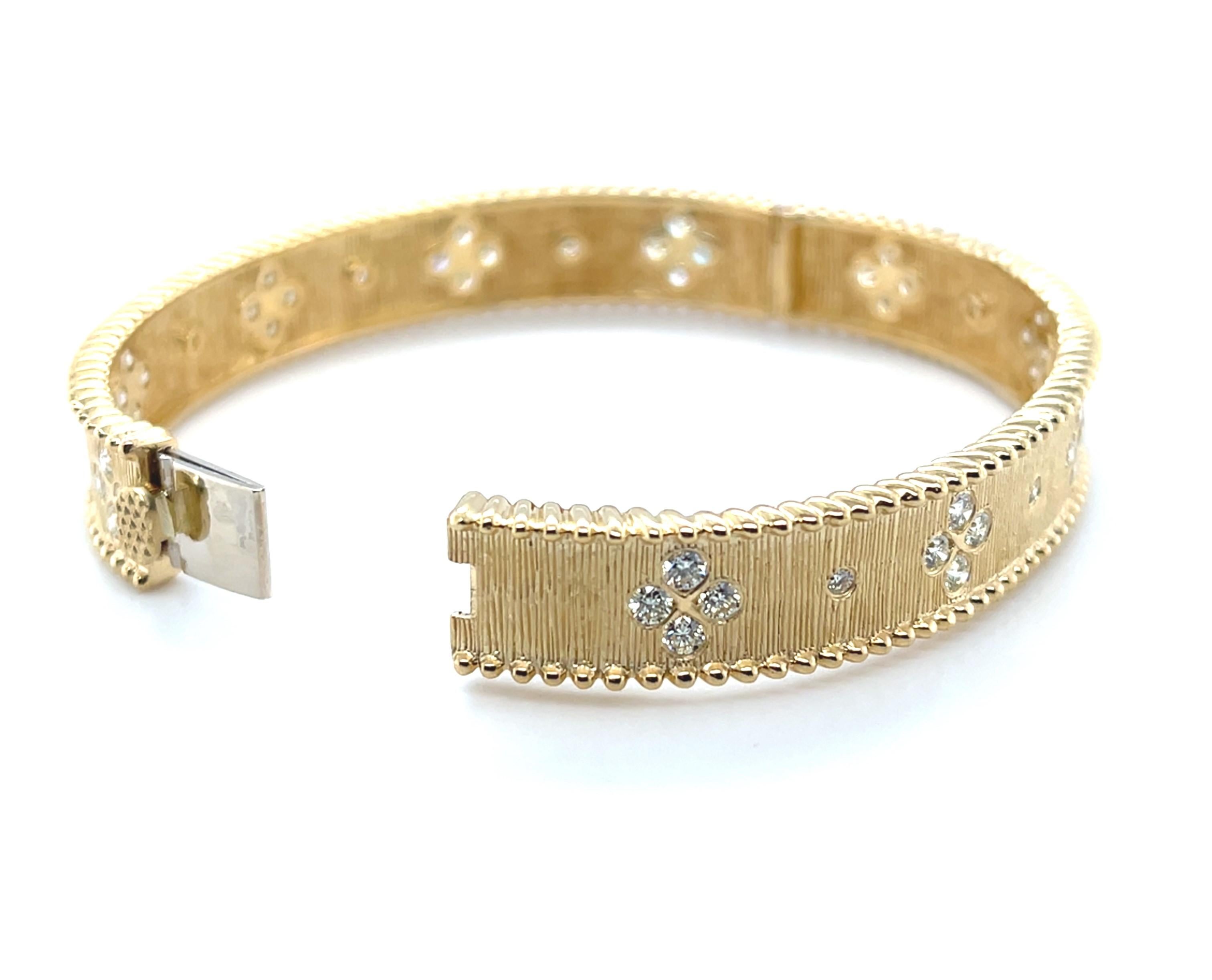 Diamond and Yellow Gold Hinged Bangle Bracelet, Textured Floral Motif For Sale 4
