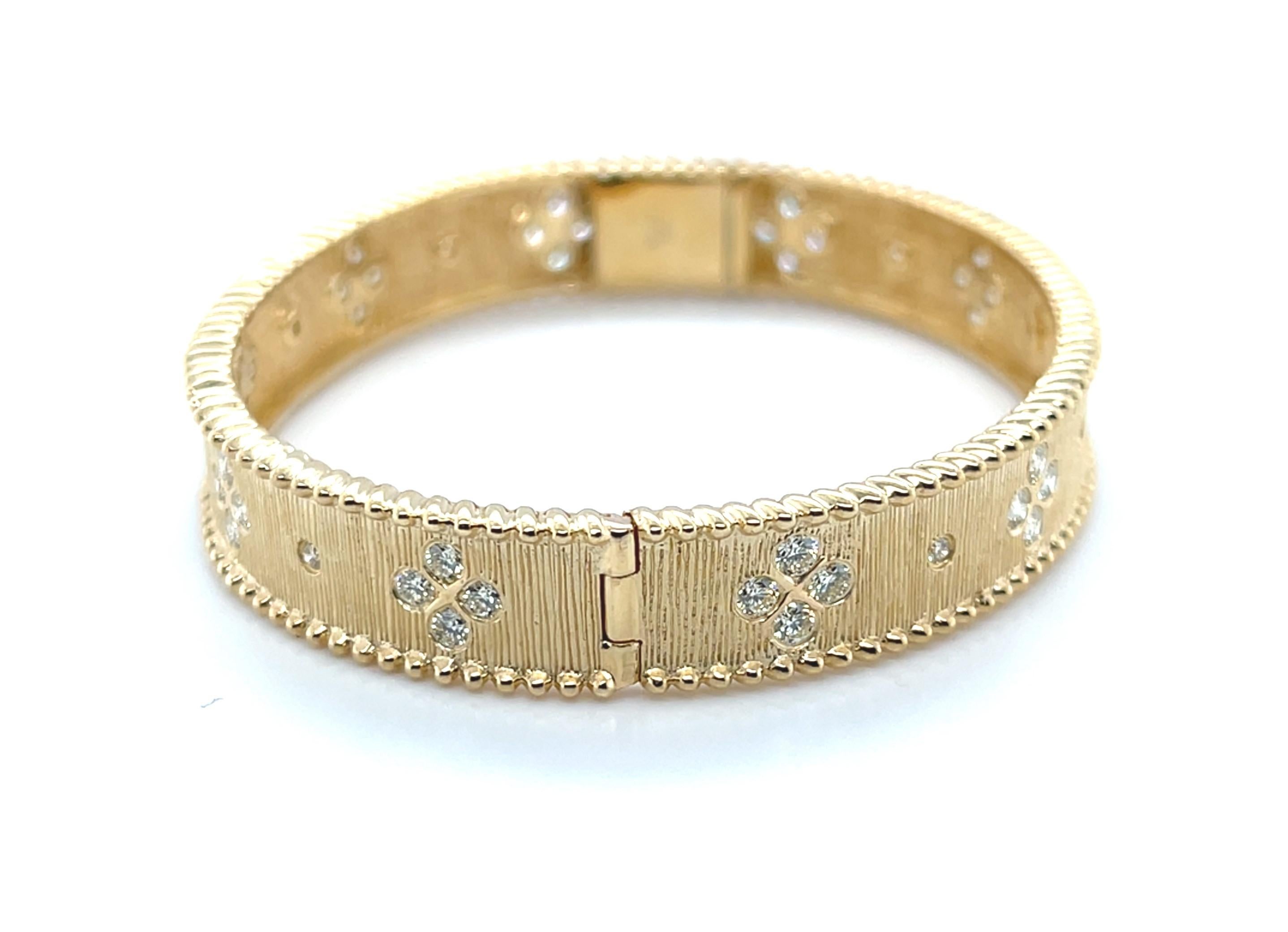 Diamond and Yellow Gold Hinged Bangle Bracelet, Textured Floral Motif For Sale 3