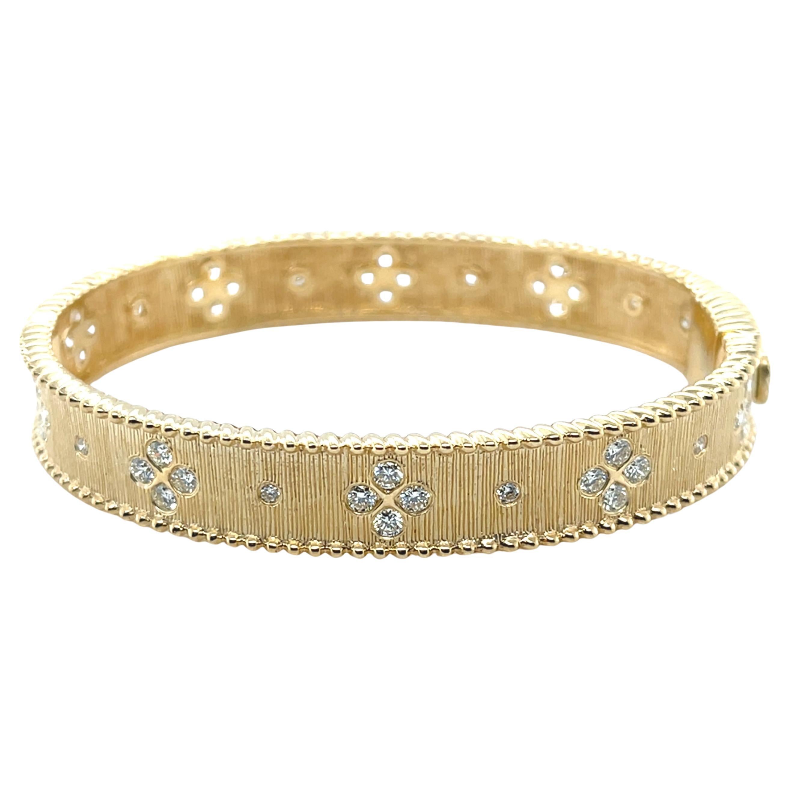 Diamond and Yellow Gold Hinged Bangle Bracelet, Textured Floral Motif