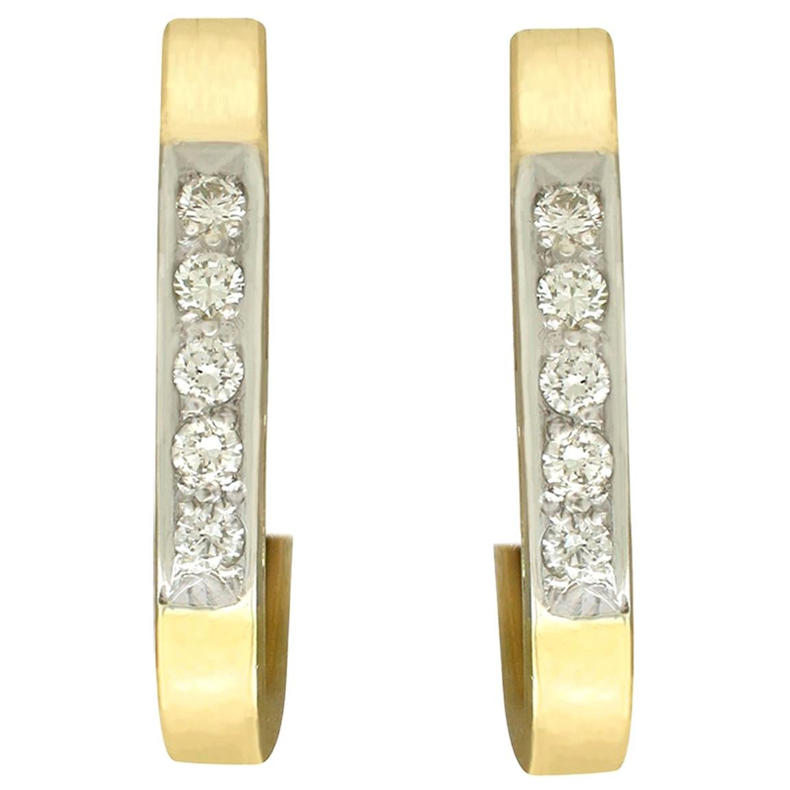 Diamond Yellow Gold Hoop Earrings, 1980s For Sale at 1stDibs