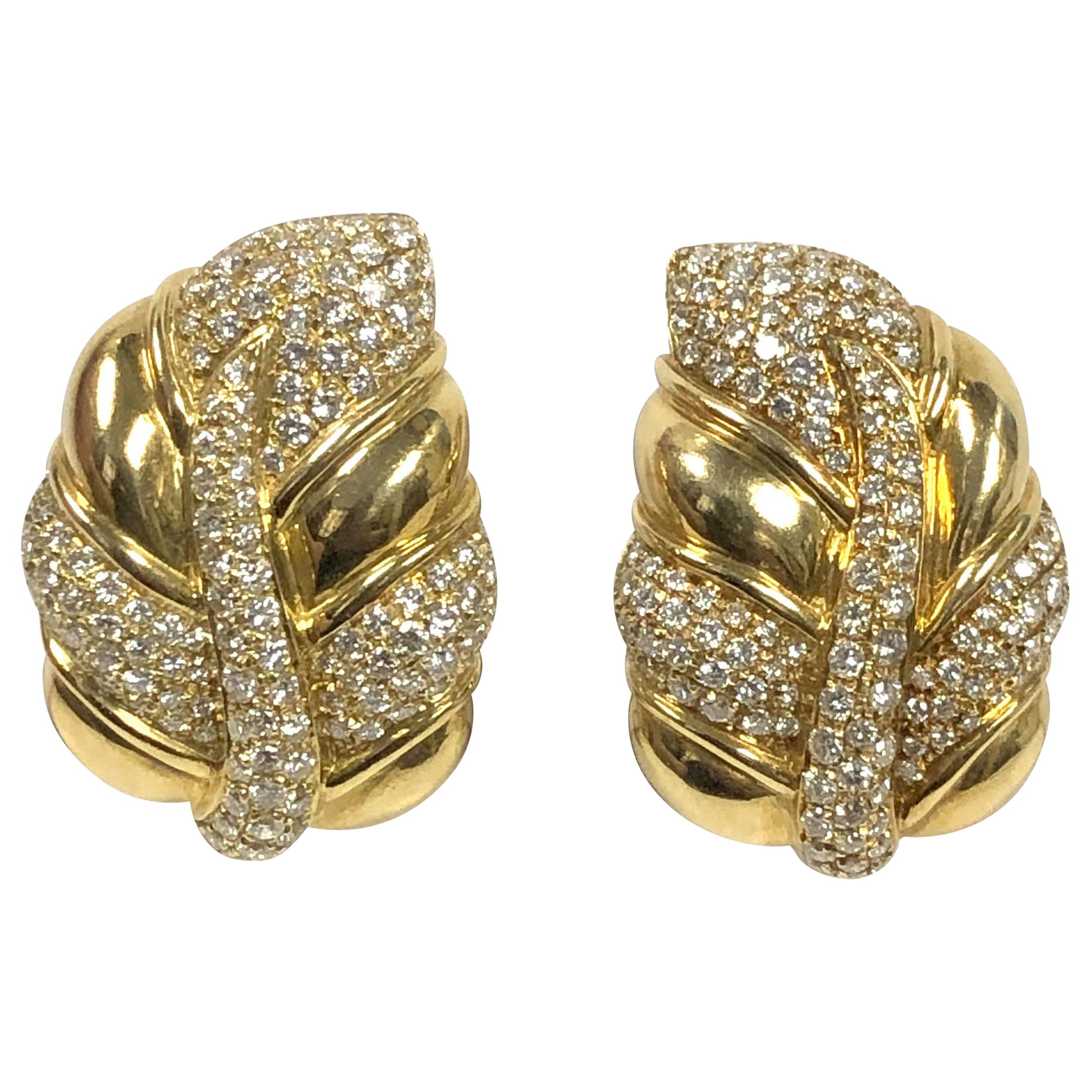 Diamond and Yellow Gold Large Impressive Leaf Form Earrings