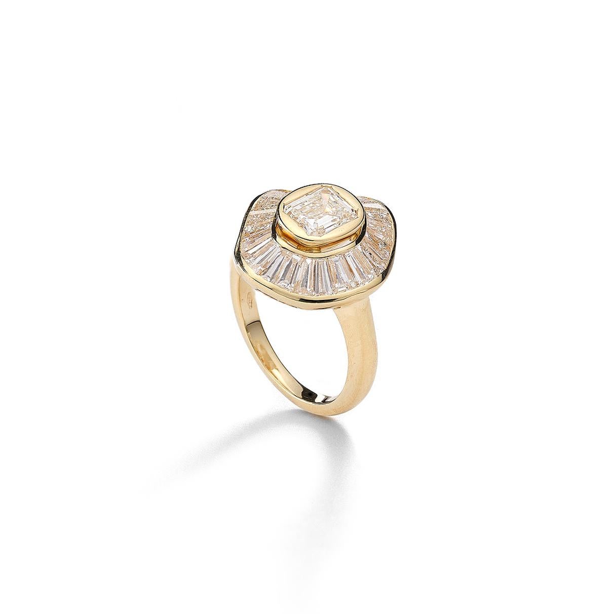 Ring in yellow gold 18kt set with one emerald cut diamond 1.17 cts and 24 baguette cut diamonds 2.55 Size 53  