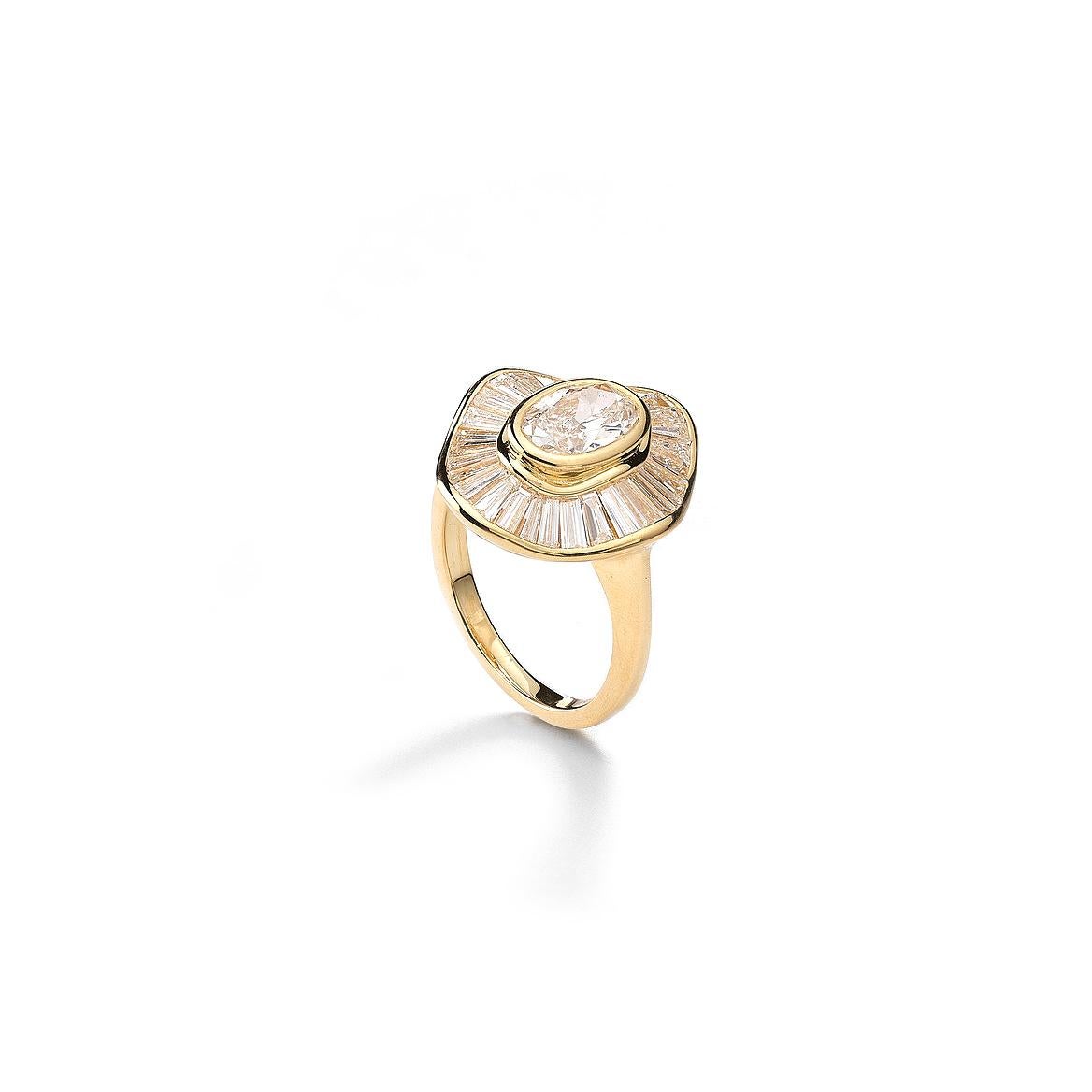 Ring in yellow gold 18kt set with one oval cut diamond 1.25 cts G VS1 and 30 baguette cut diamonds 1.95 cts GIA Certificate Size 53                 