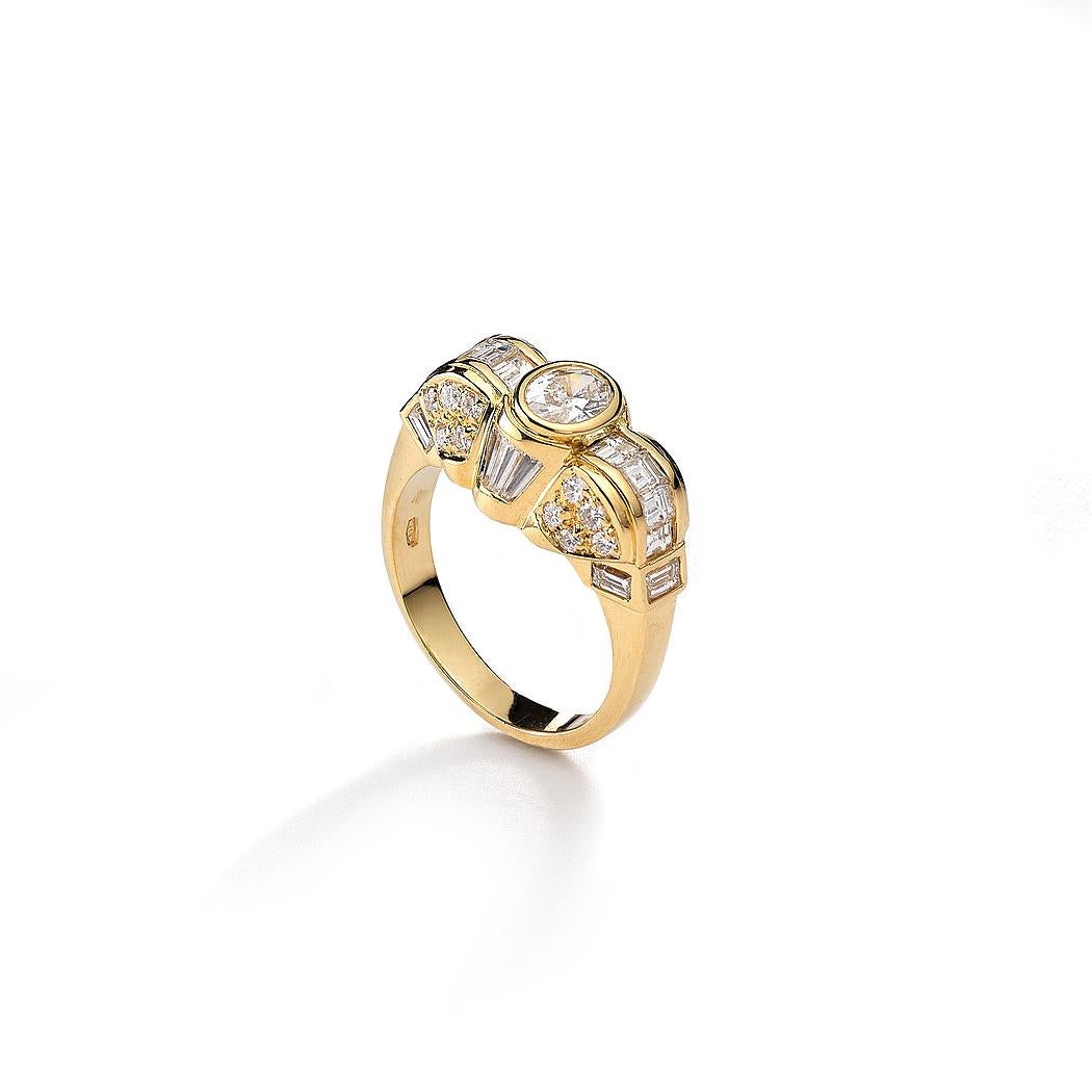 Ring in 18kt yellow gold set with one oval cut diamond 0.41 cts and 40 fancy cut diamonds 1.70 cts Size 55            