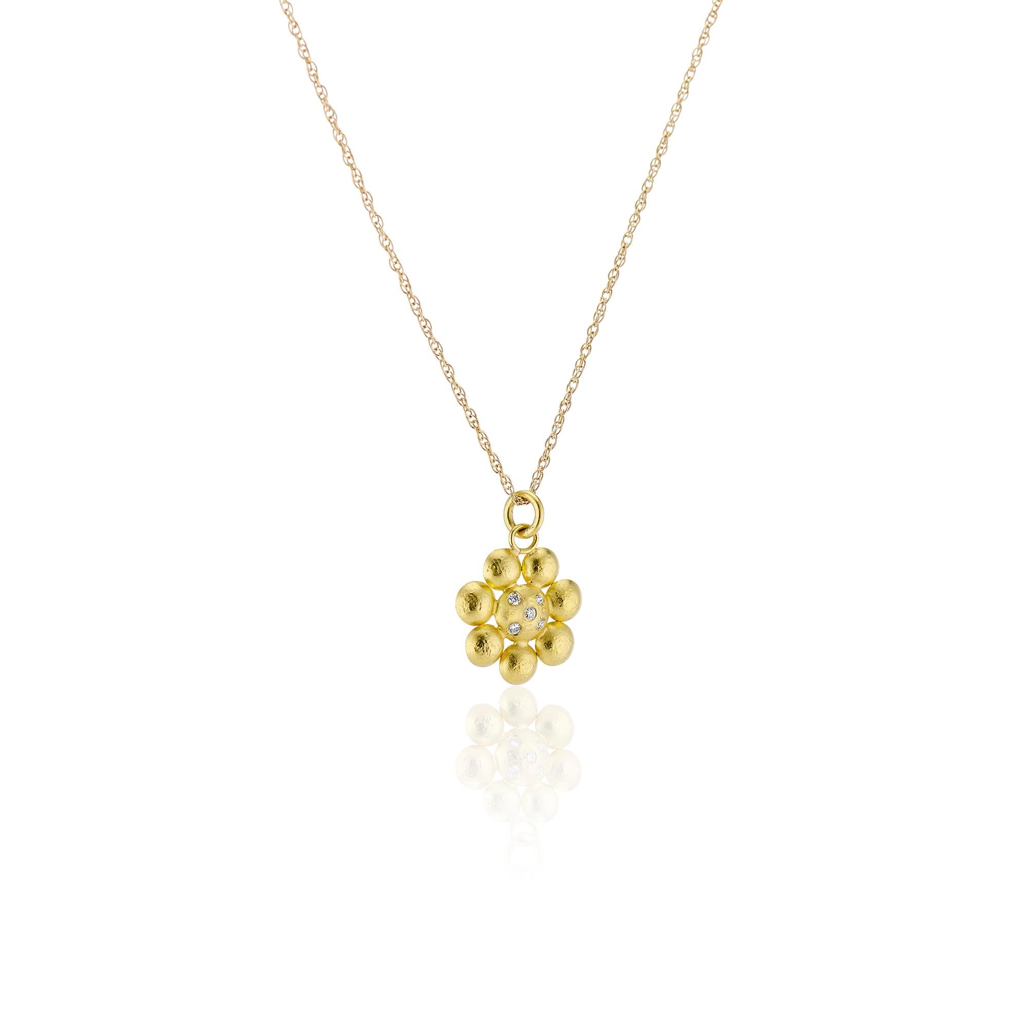 Contemporary Diamond and Yellow Gold Rosette Flower Charm Pendant Necklace, Yellow Gold Chain For Sale