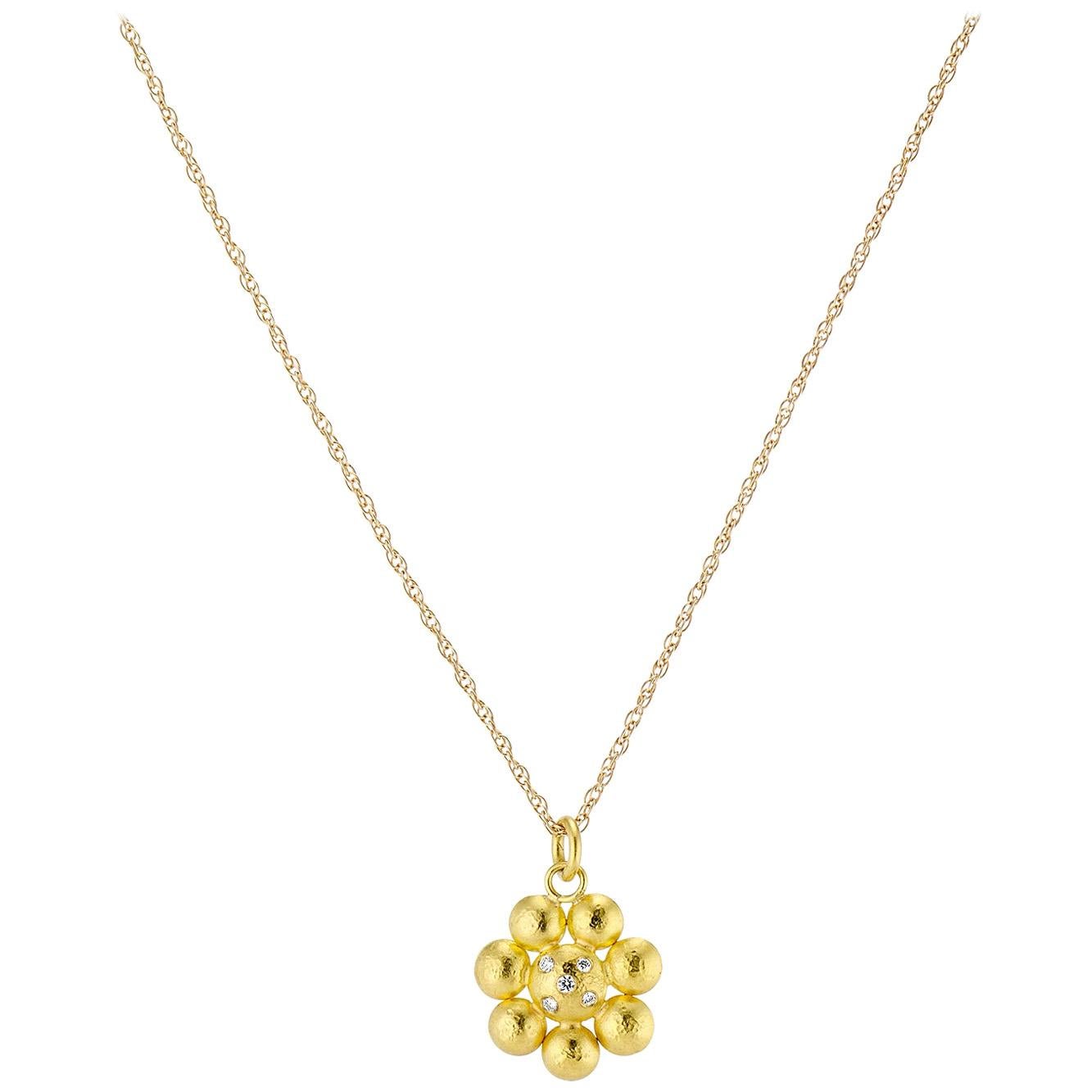 Diamond and Yellow Gold Rosette Flower Charm Pendant Necklace, Yellow Gold Chain For Sale