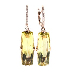 Diamond and Yellow Lemon Quartz Drop Dangle Hoop Earrings in 9 Carat Rose Gold