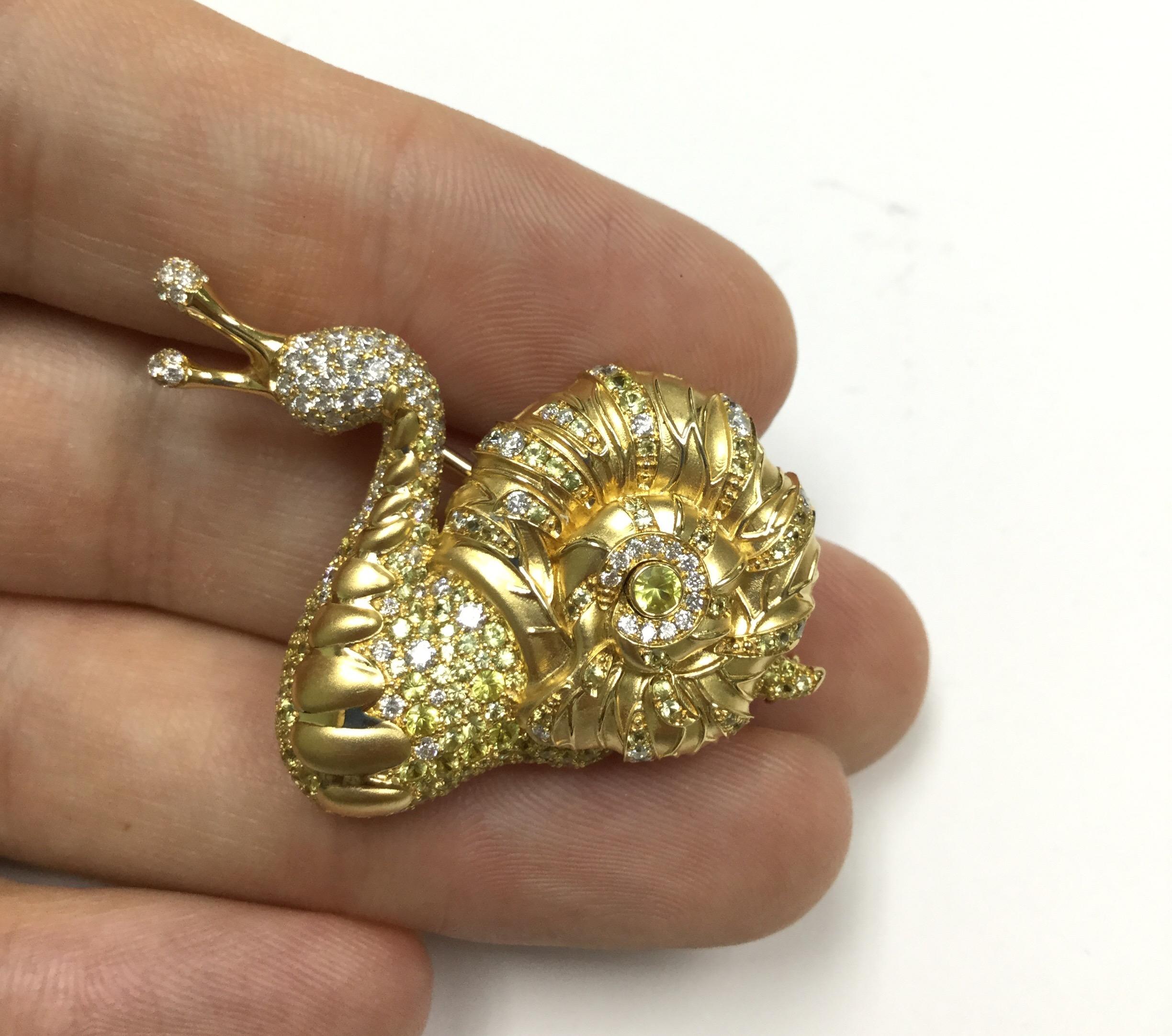 Round Cut Diamond and Yellow Sapphire 18 Karat Yellow Gold Snail Brooch For Sale