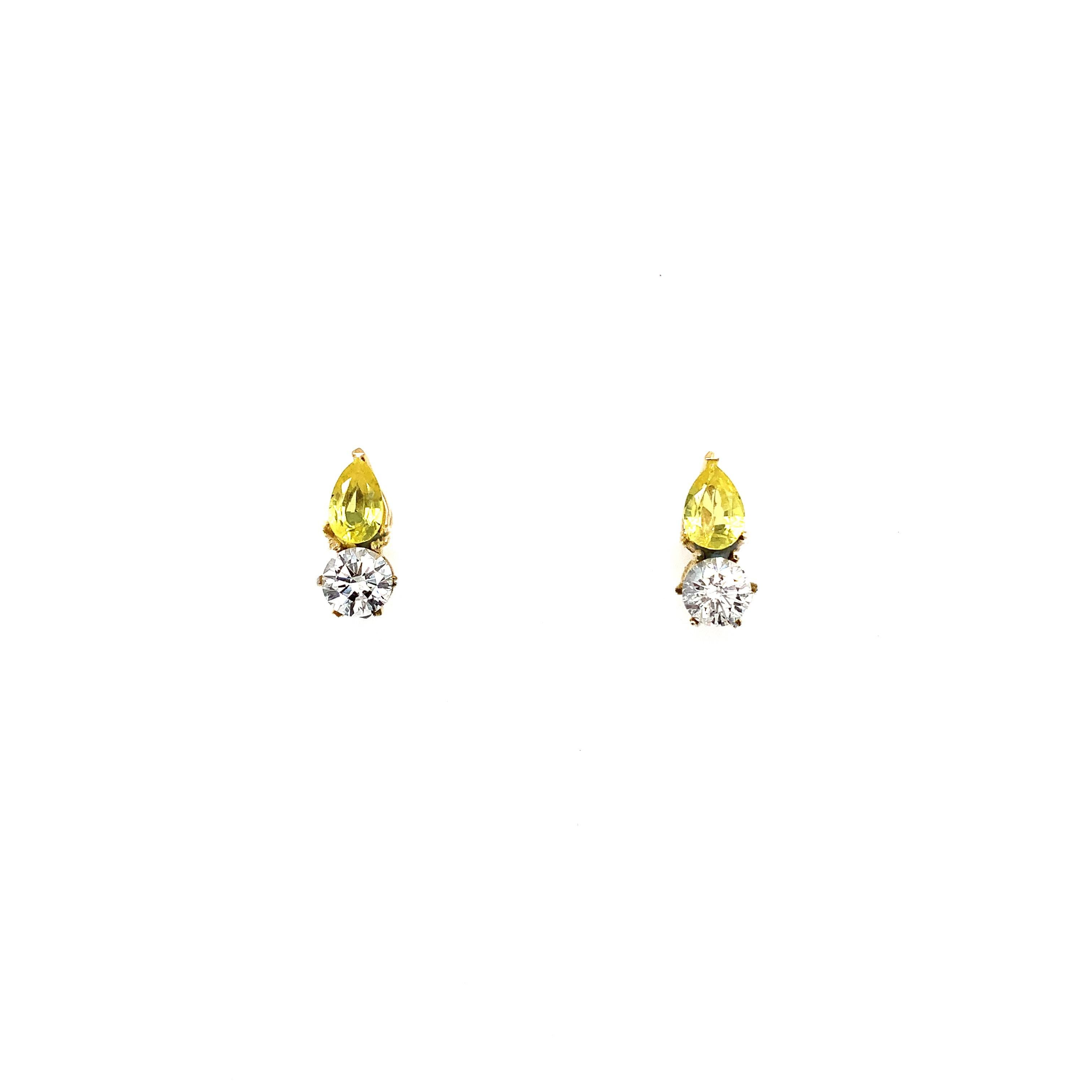 Pear Cut Diamond and yellow sapphire art deco stud earrings 118k yellow gold For Sale