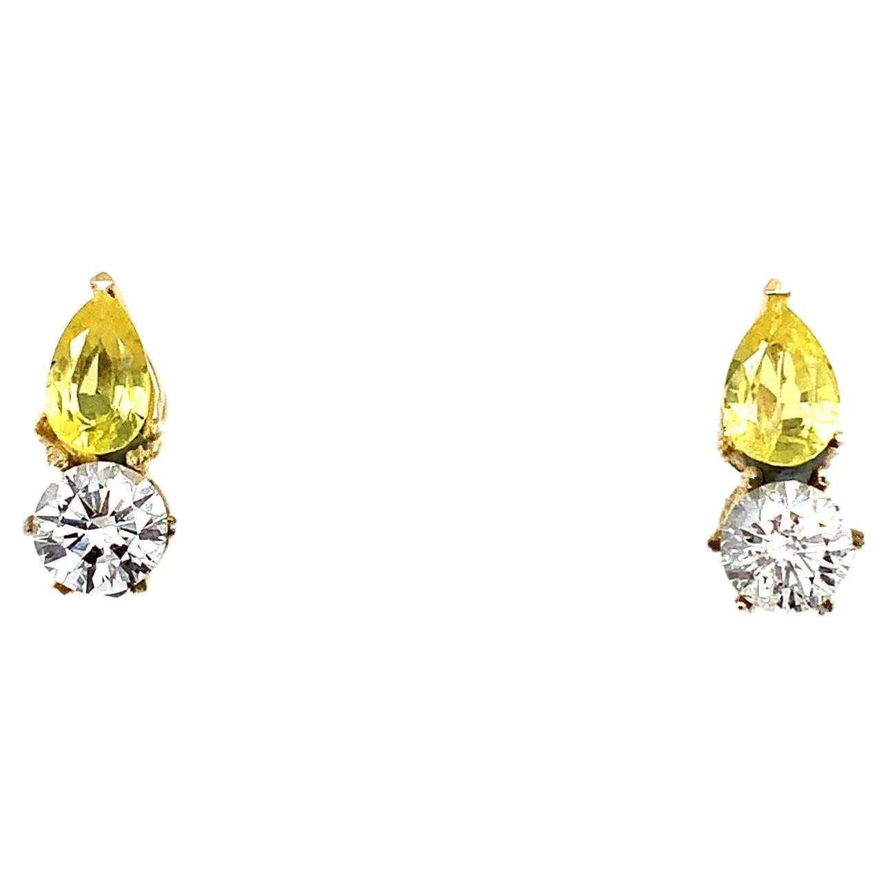 Diamond and yellow sapphire art deco stud earrings 118k yellow gold For Sale