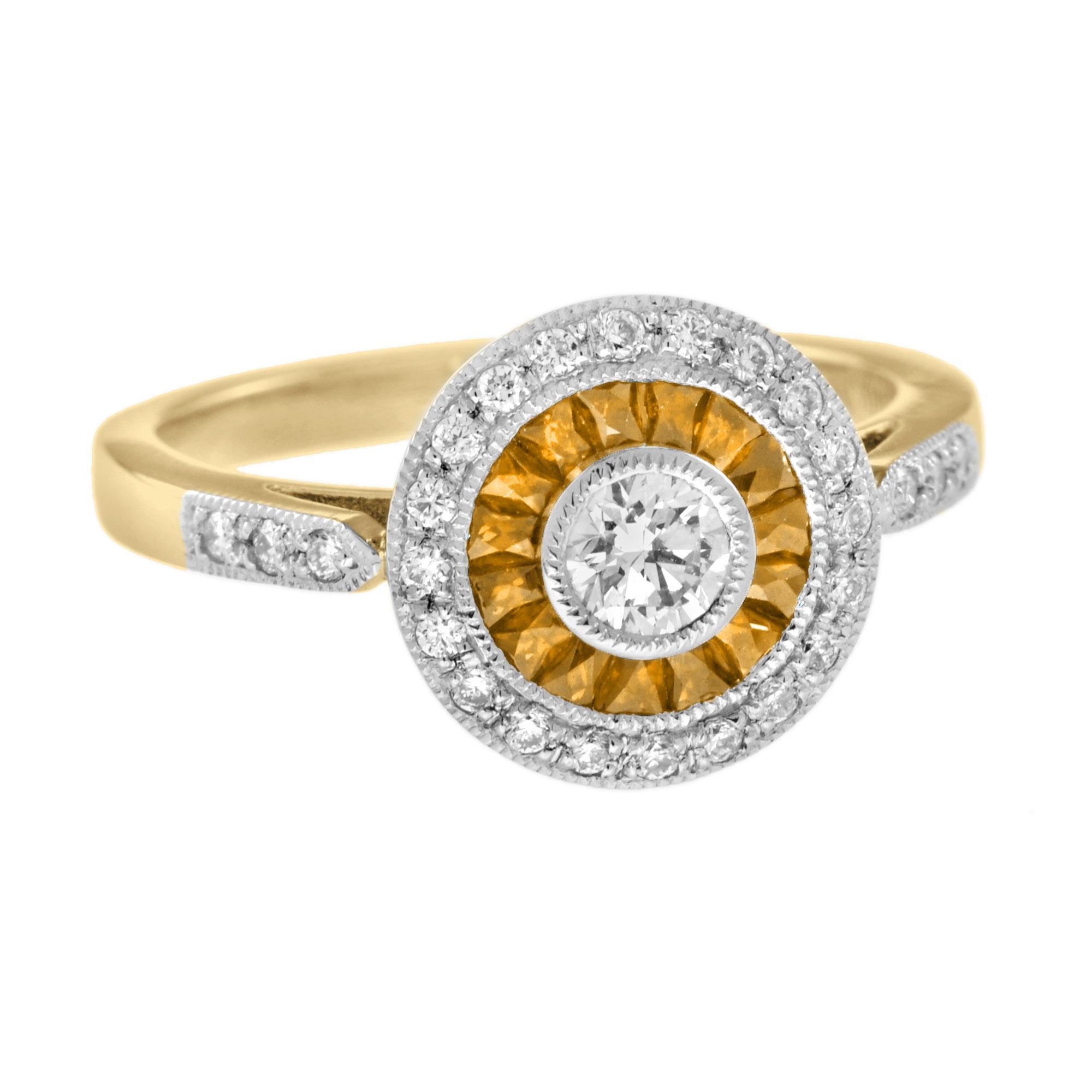 Taille ronde Bague cible de style Art déco en or bicolore 18 carats avec diamants et saphirs jaunes en vente