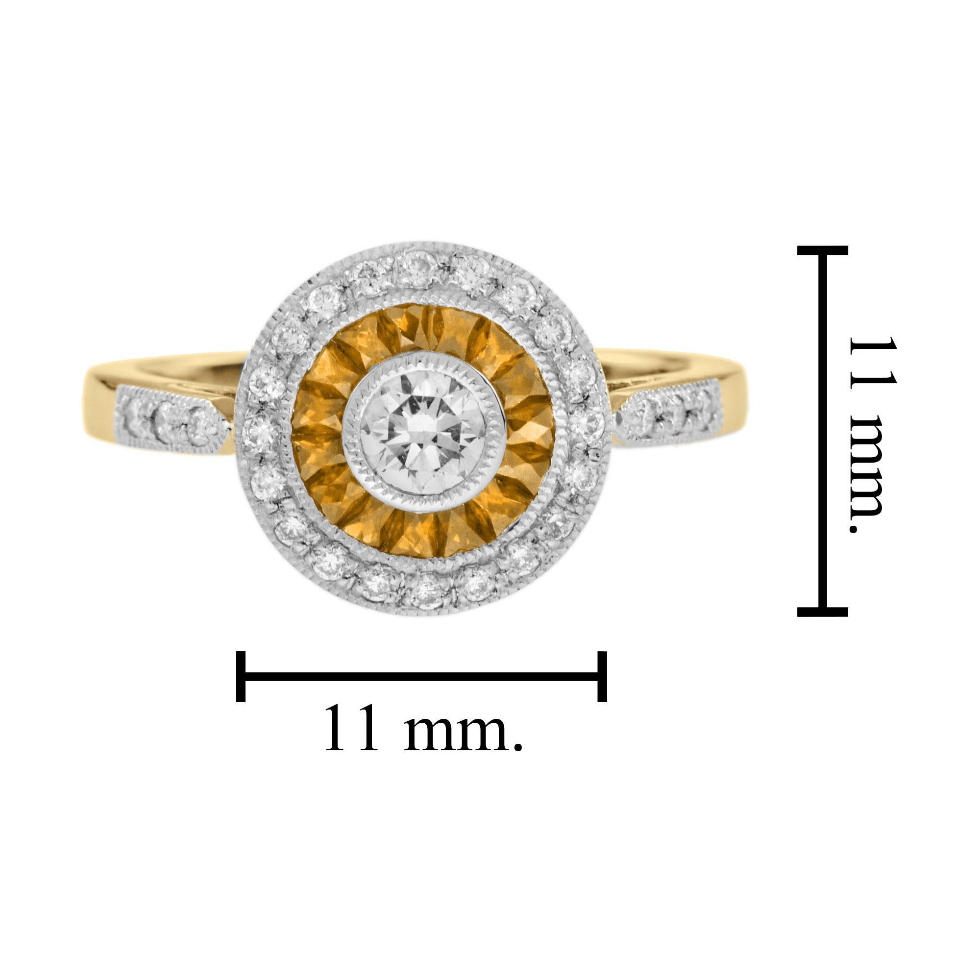 Anello Target in stile Art Déco con diamanti e zaffiri gialli in oro bicolore 18 carati in vendita 2