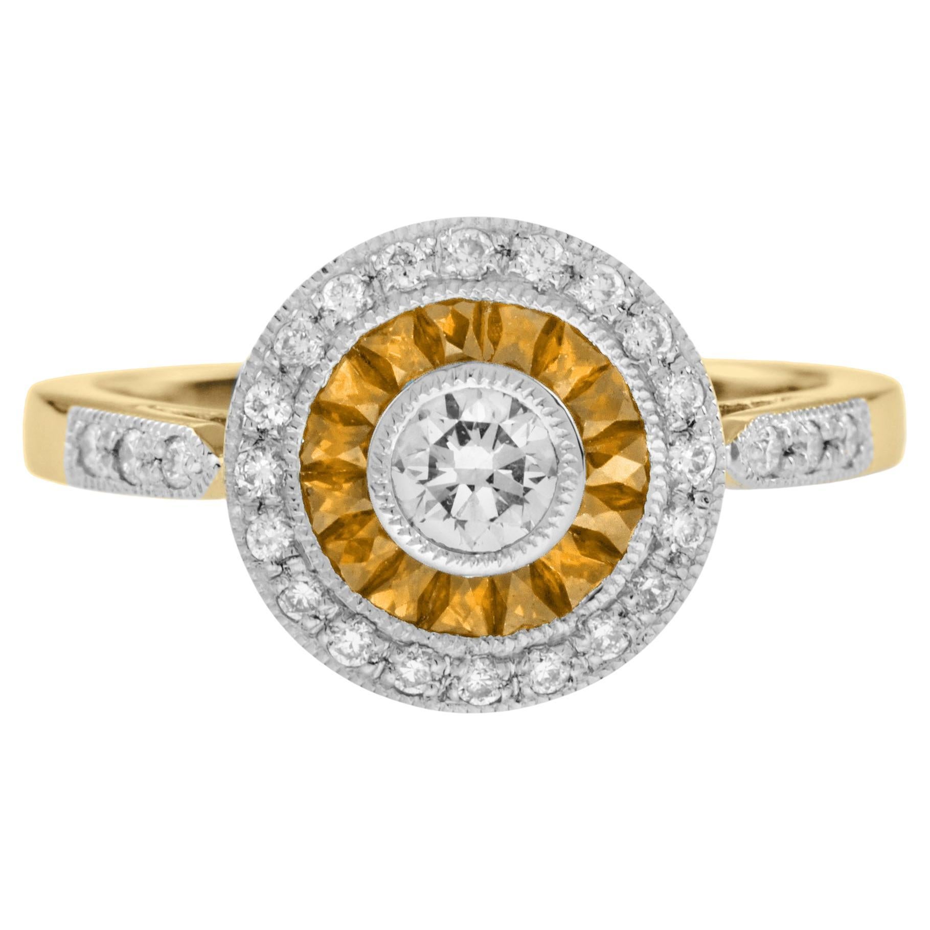 Bague cible de style Art déco en or bicolore 18 carats avec diamants et saphirs jaunes