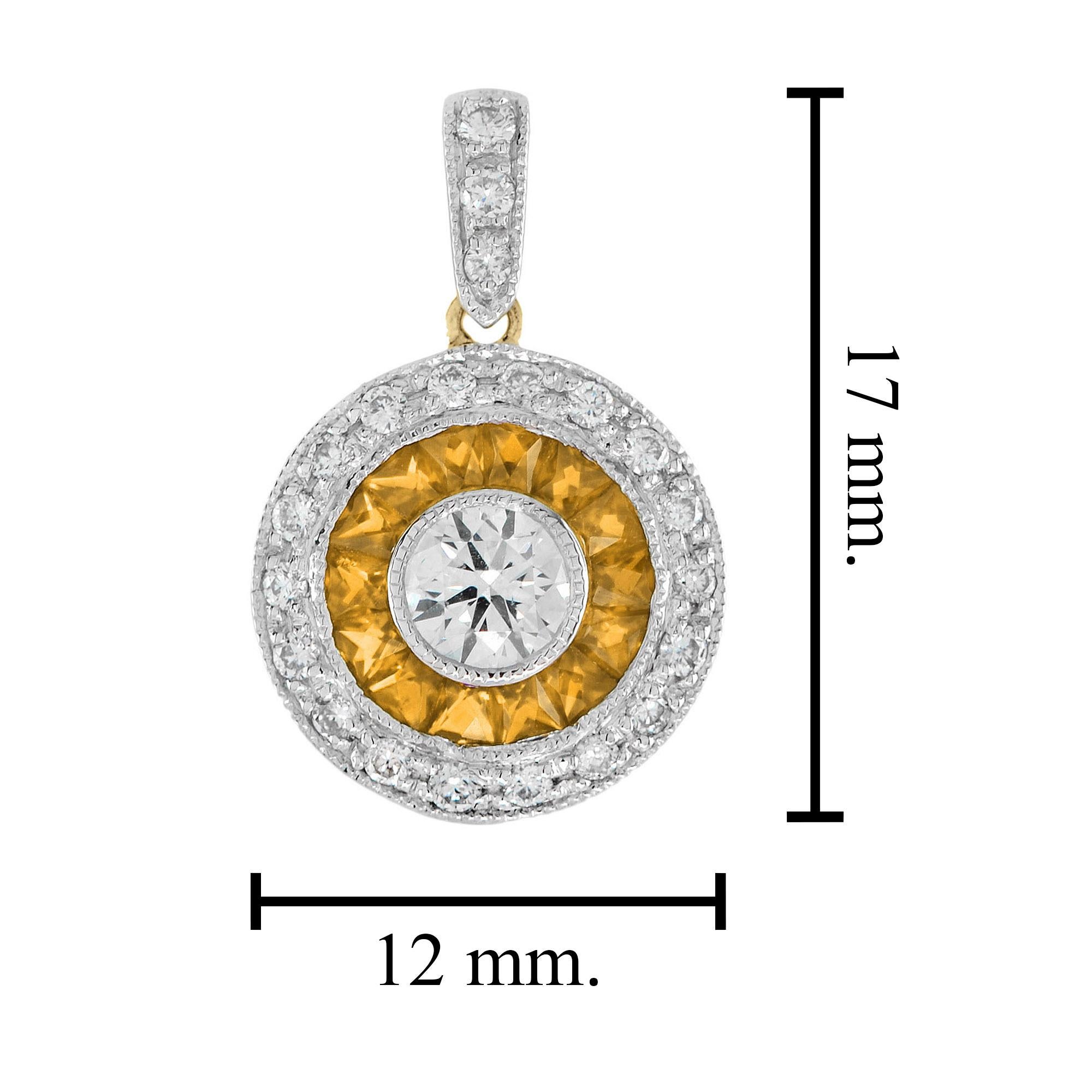 Diamond and Yellow Sapphire Deco Style Target Pendant in 18K Two Tone Gold In New Condition For Sale In Bangkok, TH