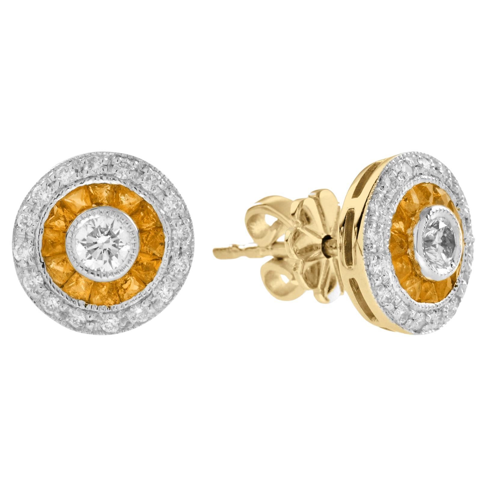 Diamond and Yellow Sapphire Deco Style Target Stud Earrings in 18K Two Tone Gold For Sale
