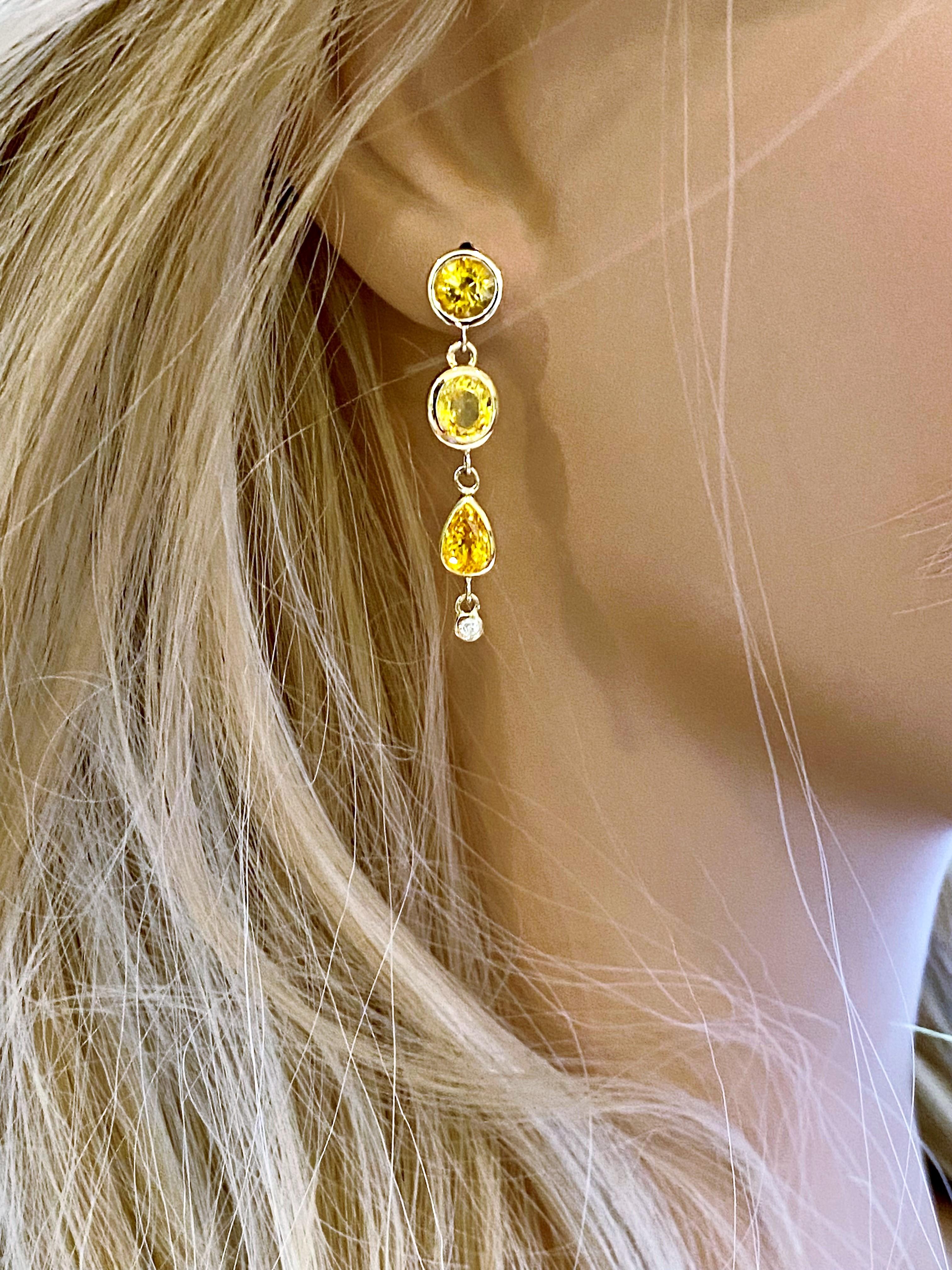 Contemporary Diamond and Yellow Sapphire Gold Drop Earrings Weighing 6.33 Carat