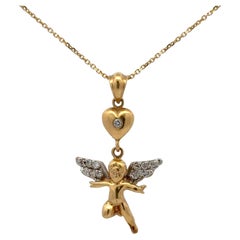 Diamond Angel Heart Pendant Necklace 0.15 Carats 14 Karat Yellow Gold 5.4 Grams