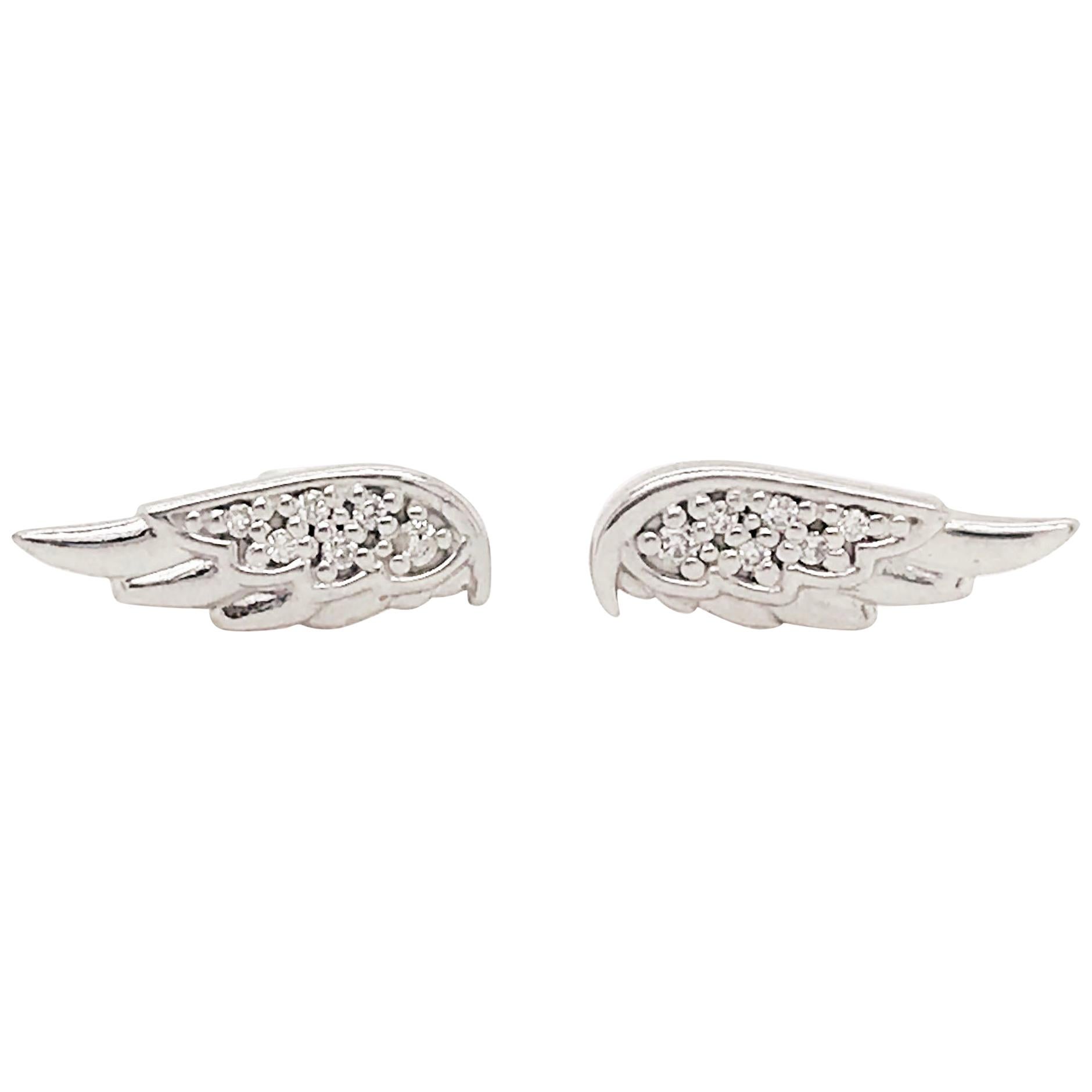 Diamond Angel Wings Earring Studs, 14 Karat Gold Diamond Earring Angel Wings