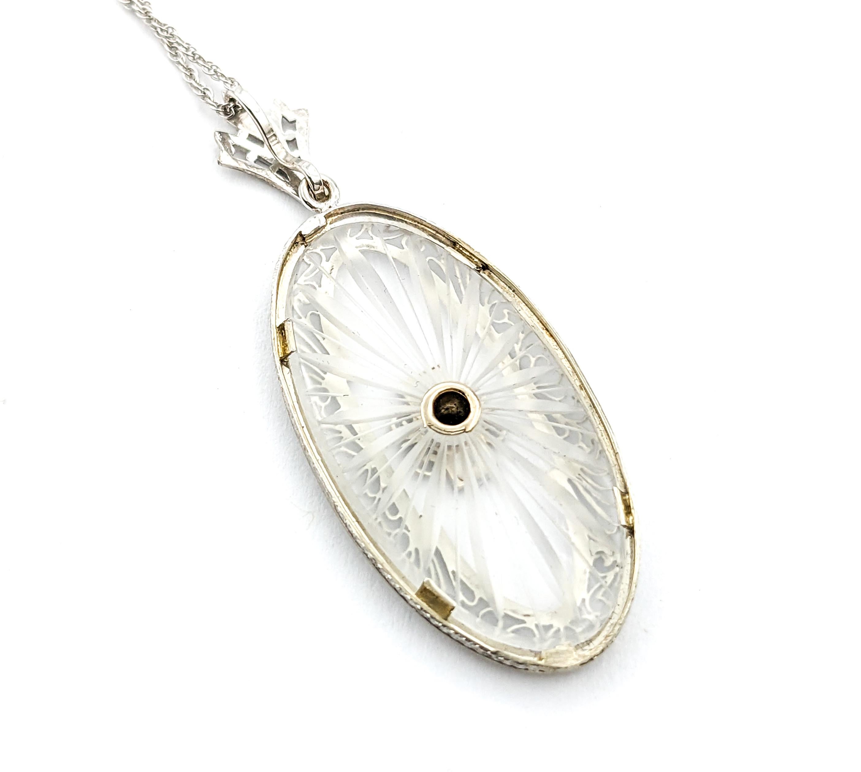 Women's Diamond Antique Art Deco era Camphor Glass Necklace In White Gold For Sale