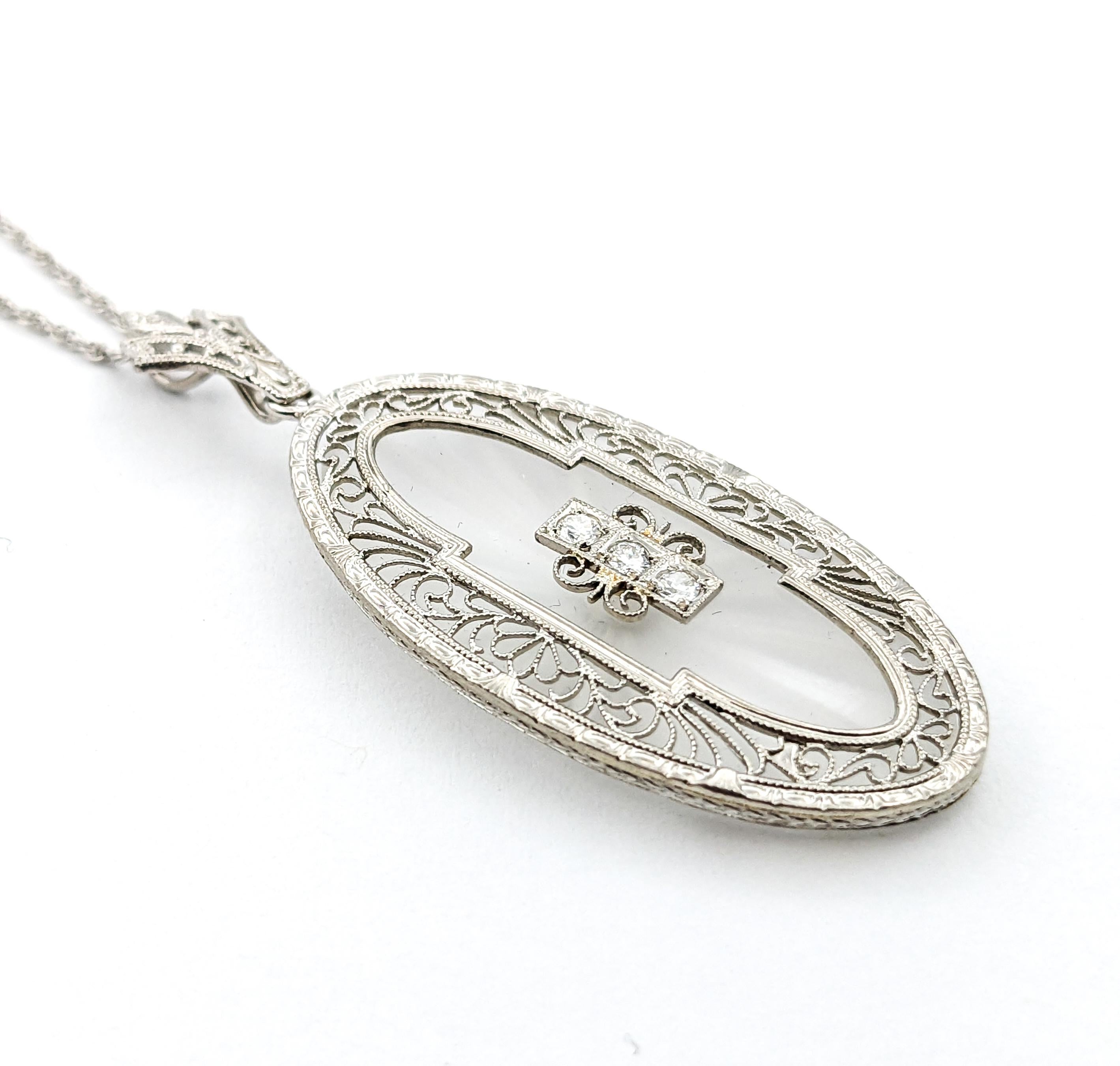 Diamond Antique Art Deco era Camphor Glass Necklace In White Gold For Sale 1