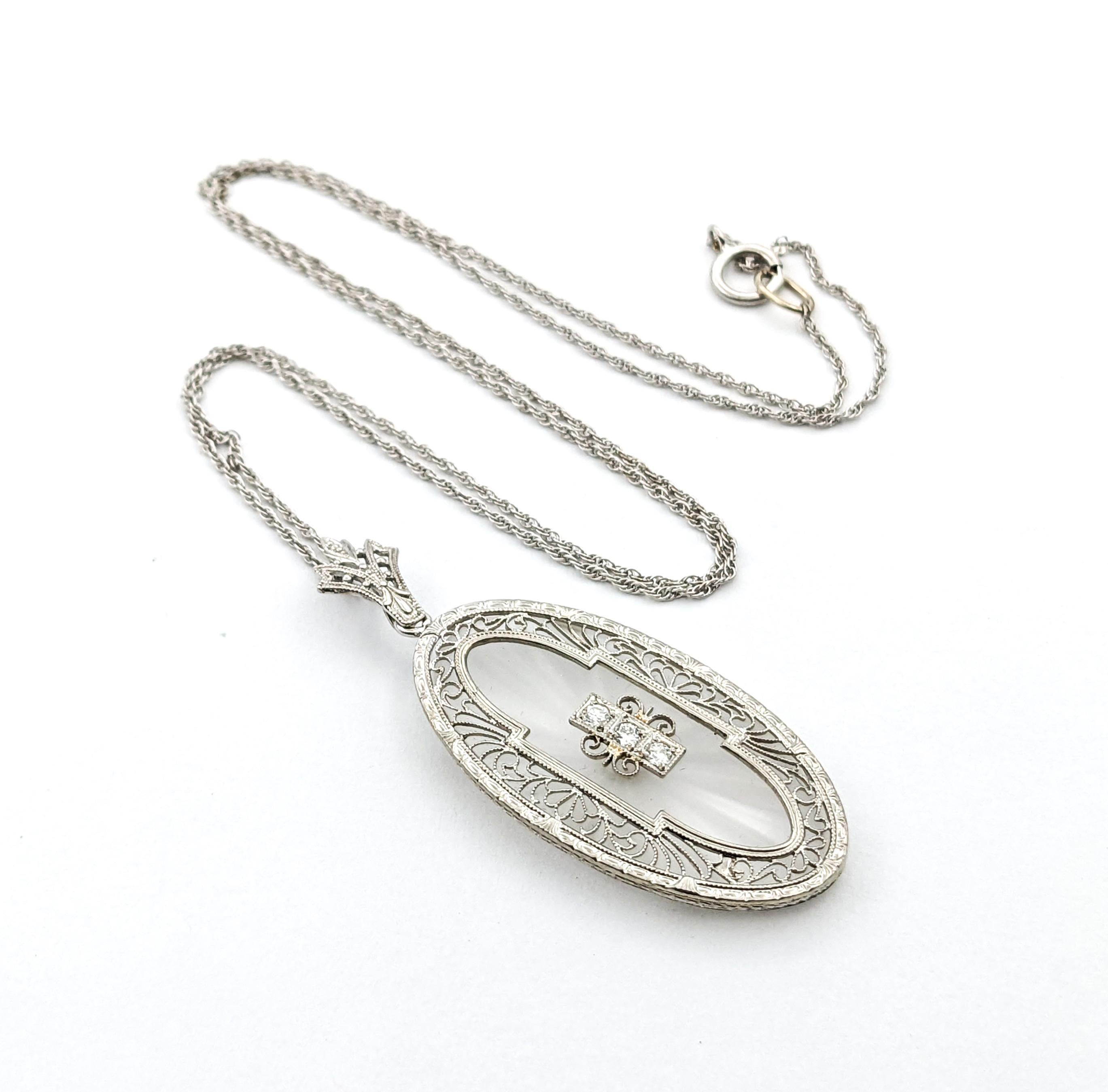 Diamond Antique Art Deco era Camphor Glass Necklace In White Gold For Sale 4