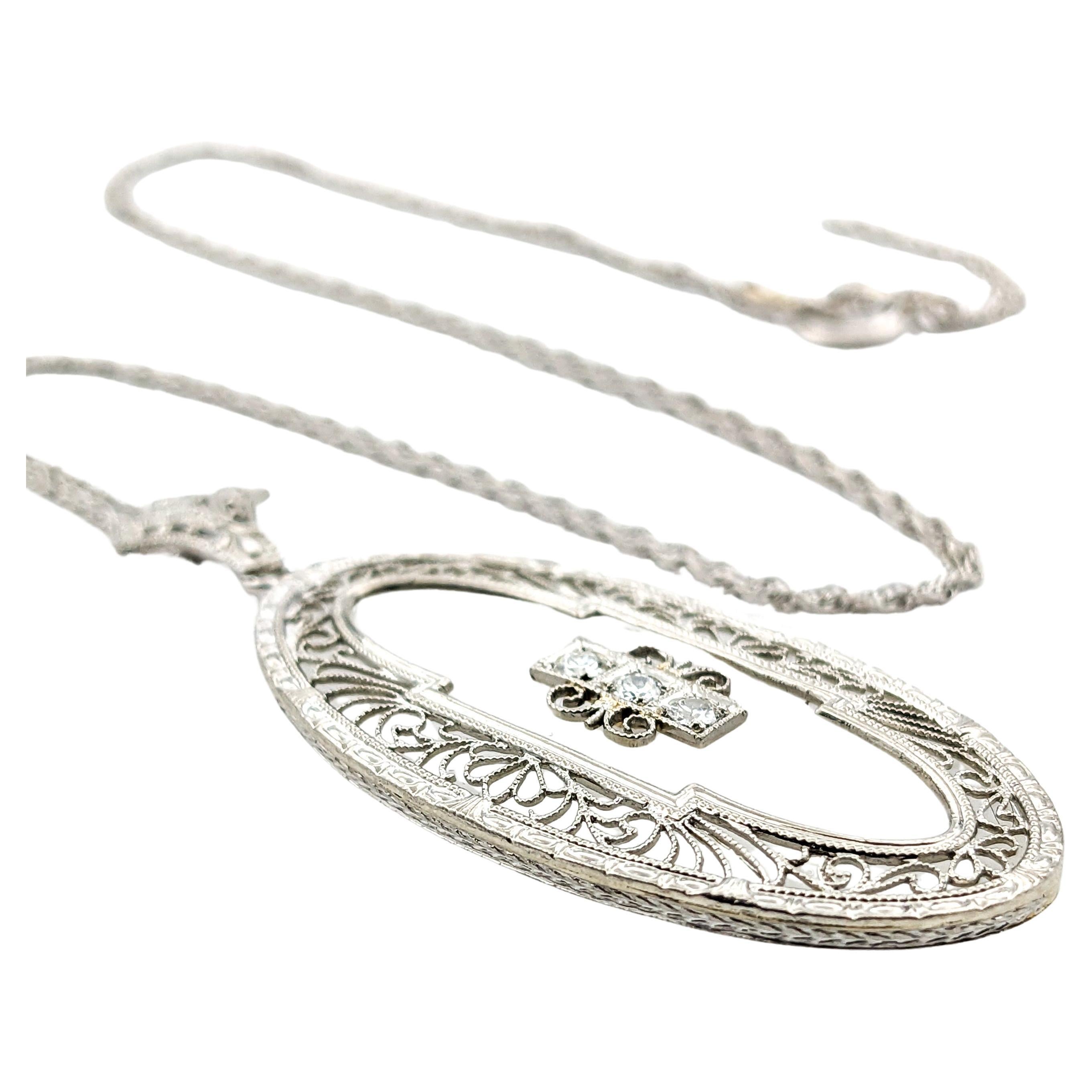 Diamond Antique Art Deco era Camphor Glass Necklace In White Gold