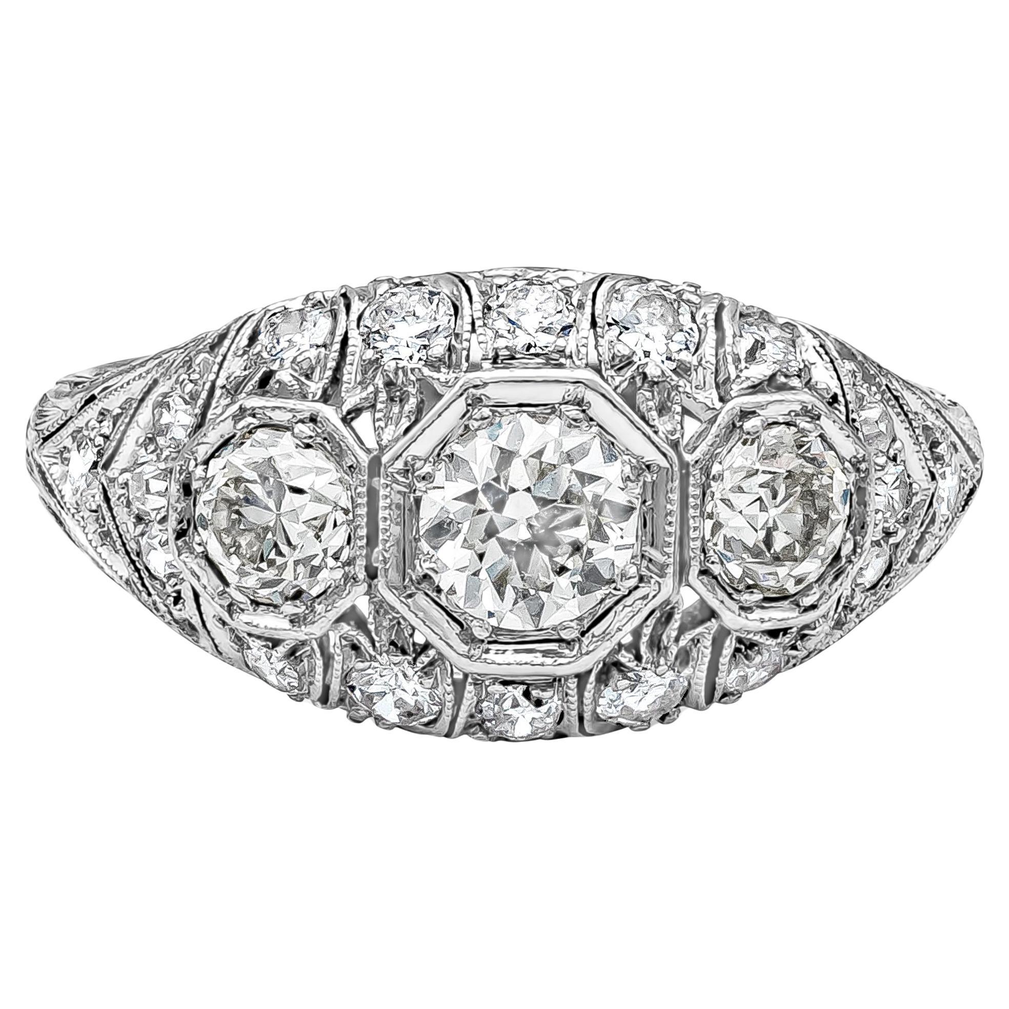 Bague de fiançailles ancienne avec diamants de 1,45 carat au total