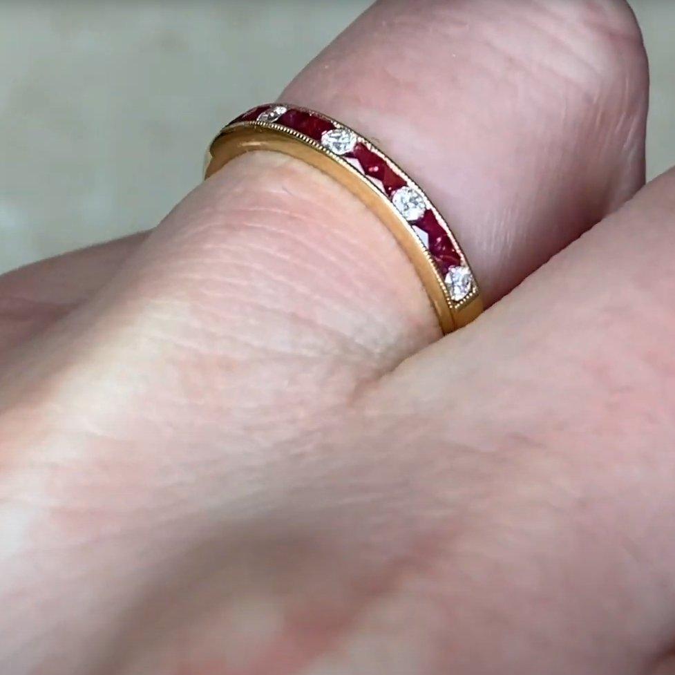 Round Cut Diamond (Approx 0.10-Carats) & Ruby (Approx 0.3-Carats) Band, 18k Yellow Gold For Sale