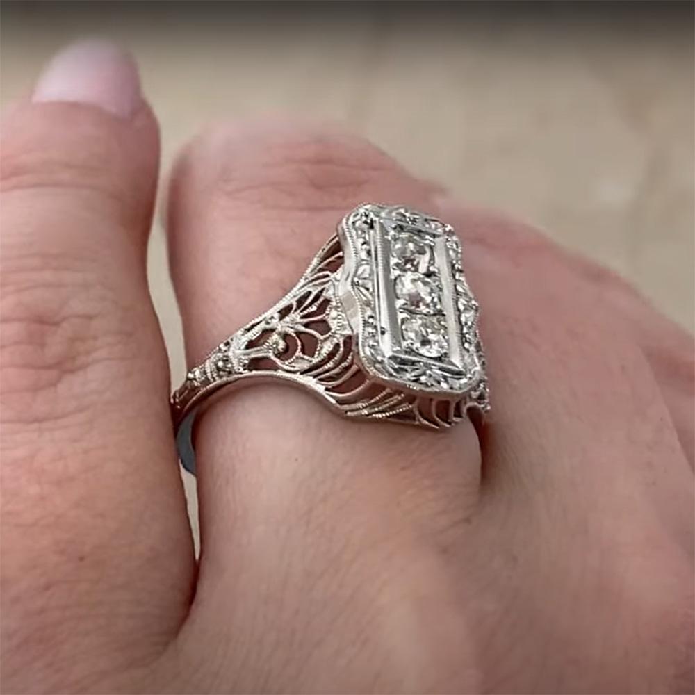 Art Deco Old Euro Diamond (Approx 0.30-Carats) Three Stone Elongated Ring, Platinum For Sale