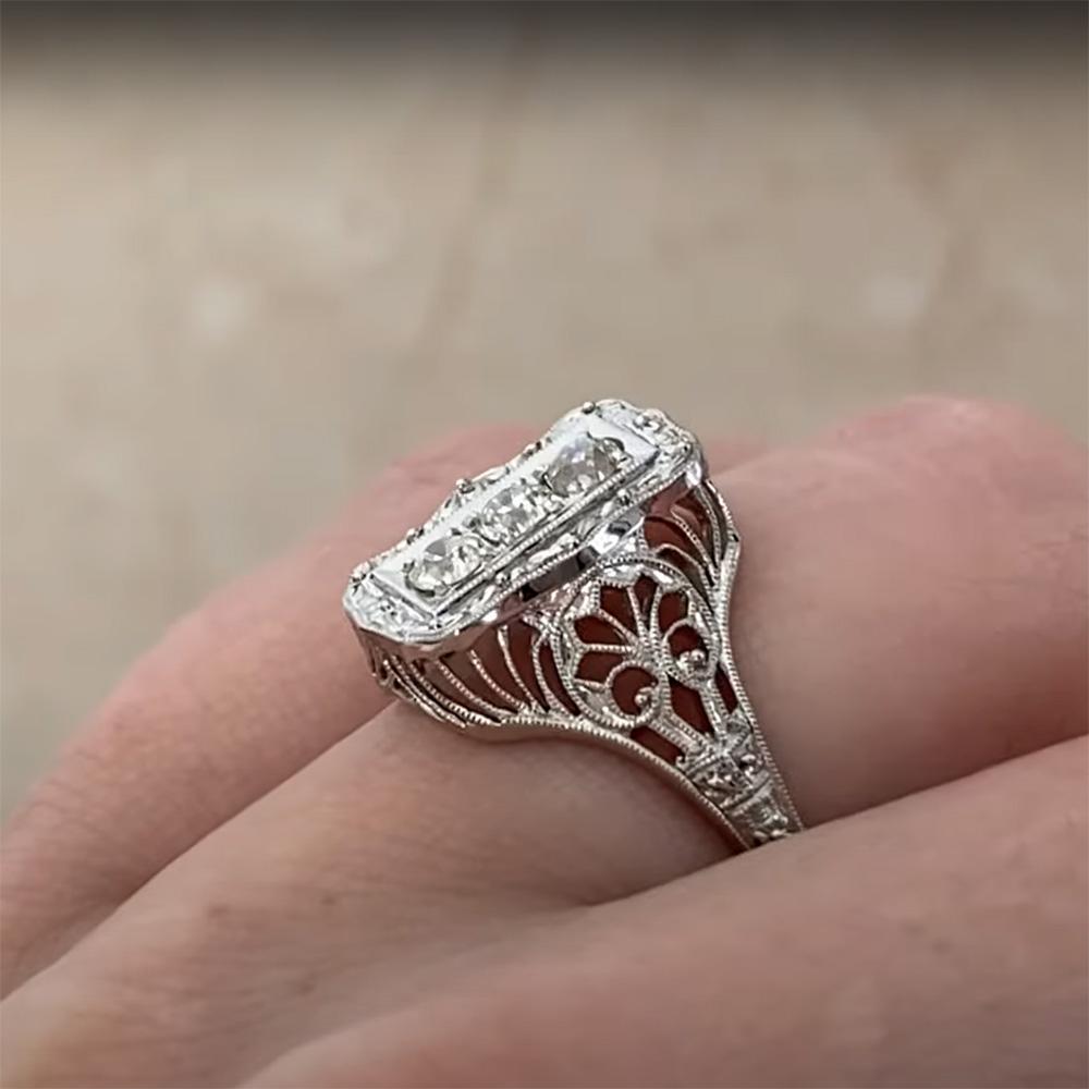 Old European Cut Old Euro Diamond (Approx 0.30-Carats) Three Stone Elongated Ring, Platinum For Sale