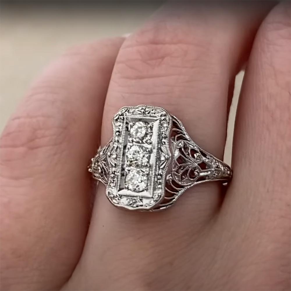 Old Euro Diamond (Approx 0.30-Carats) Three Stone Elongated Ring, Platinum In Excellent Condition For Sale In New York, NY