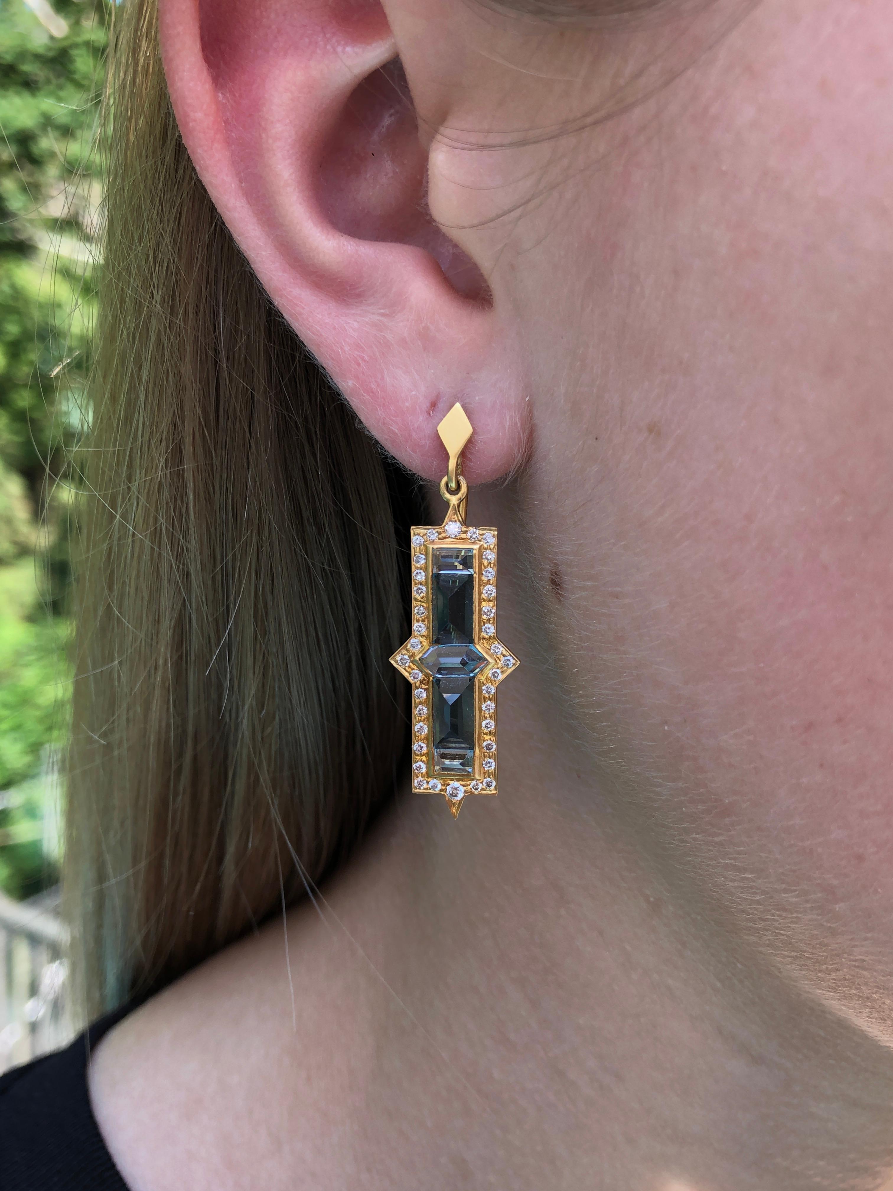 Baguette Cut Diamond Aquamarine 18 Karat Gold Earrings by Lauren Harper For Sale