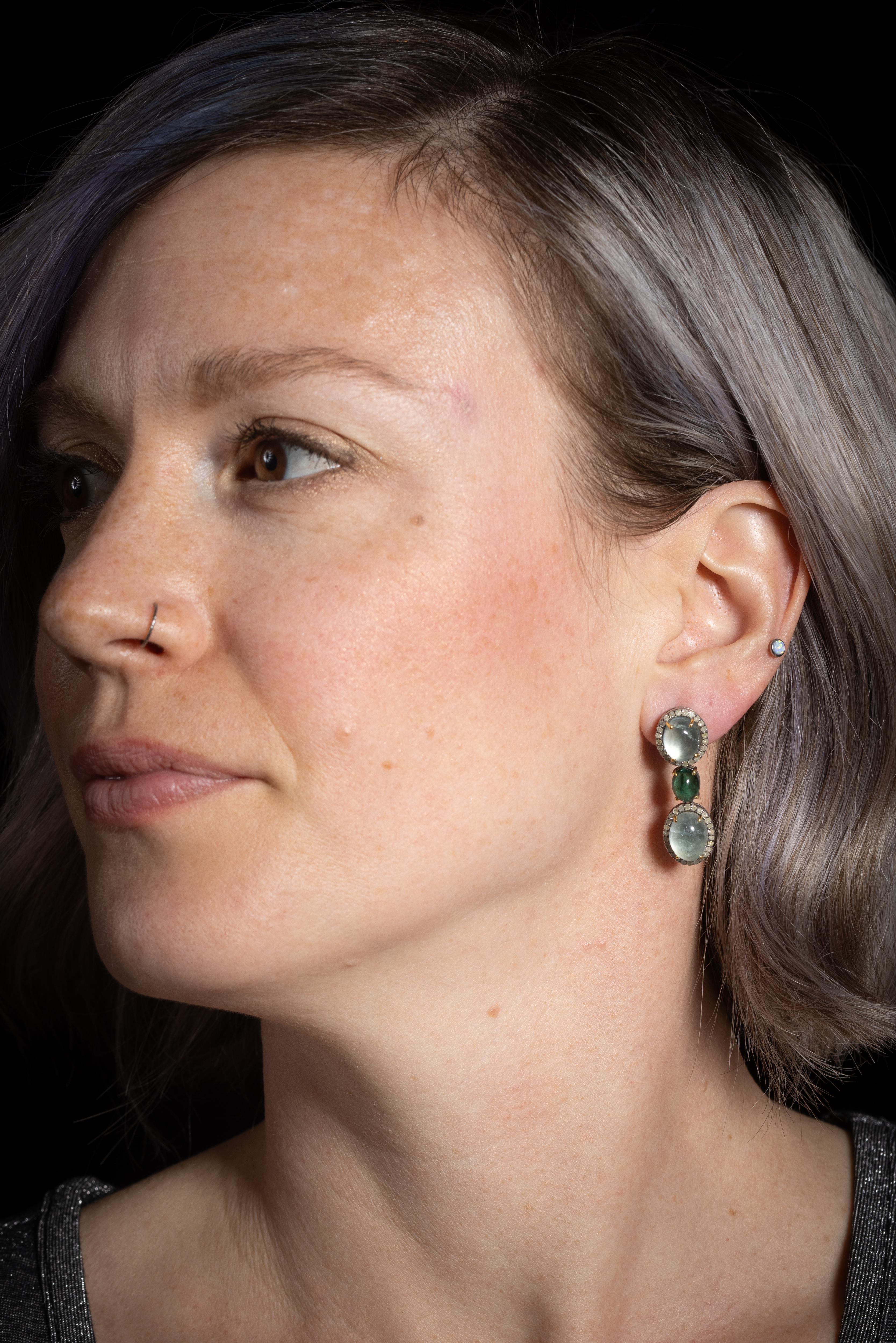 Diamond, Aquamarine and Emerald Drop Earrings. In Excellent Condition For Sale In Nantucket, MA
