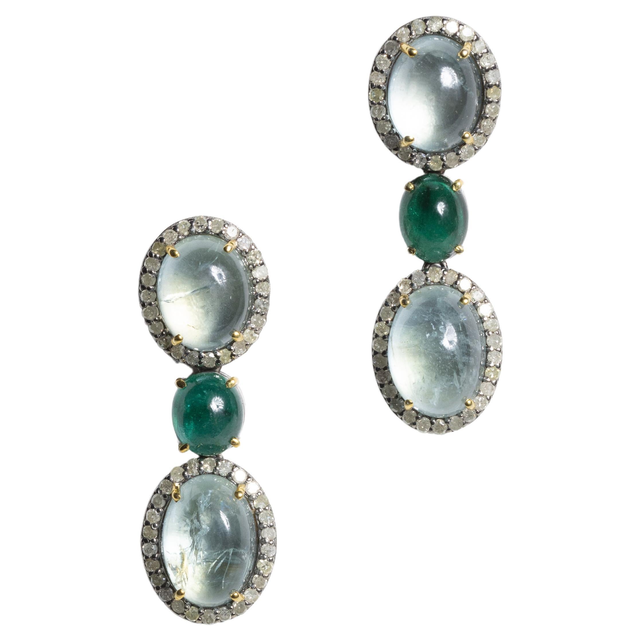 Diamond, Aquamarine and Emerald Drop Earrings.