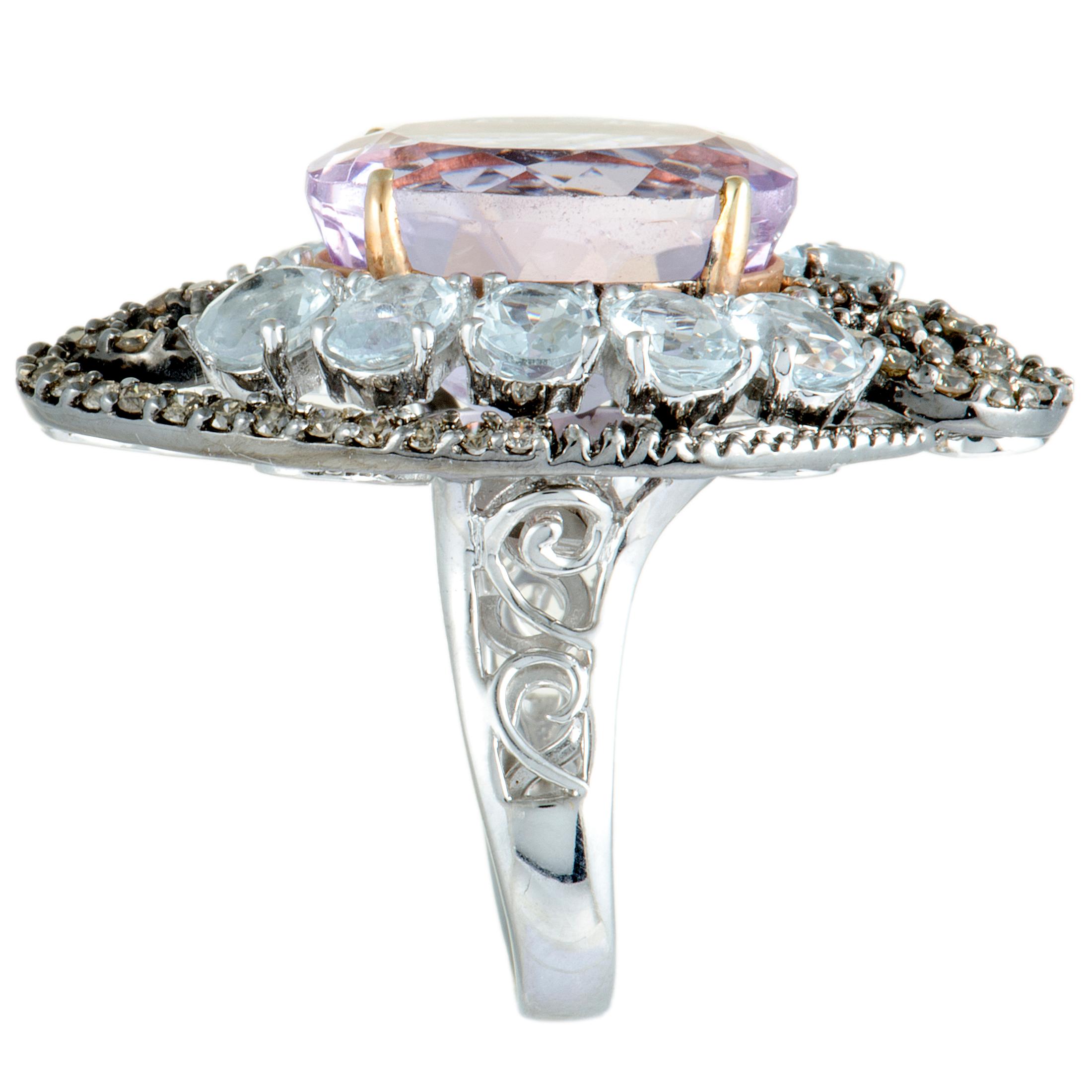 Diamond Aquamarine and Oval Kunzite White and Rose Gold and Black Rhodium Ring In Excellent Condition In Southampton, PA