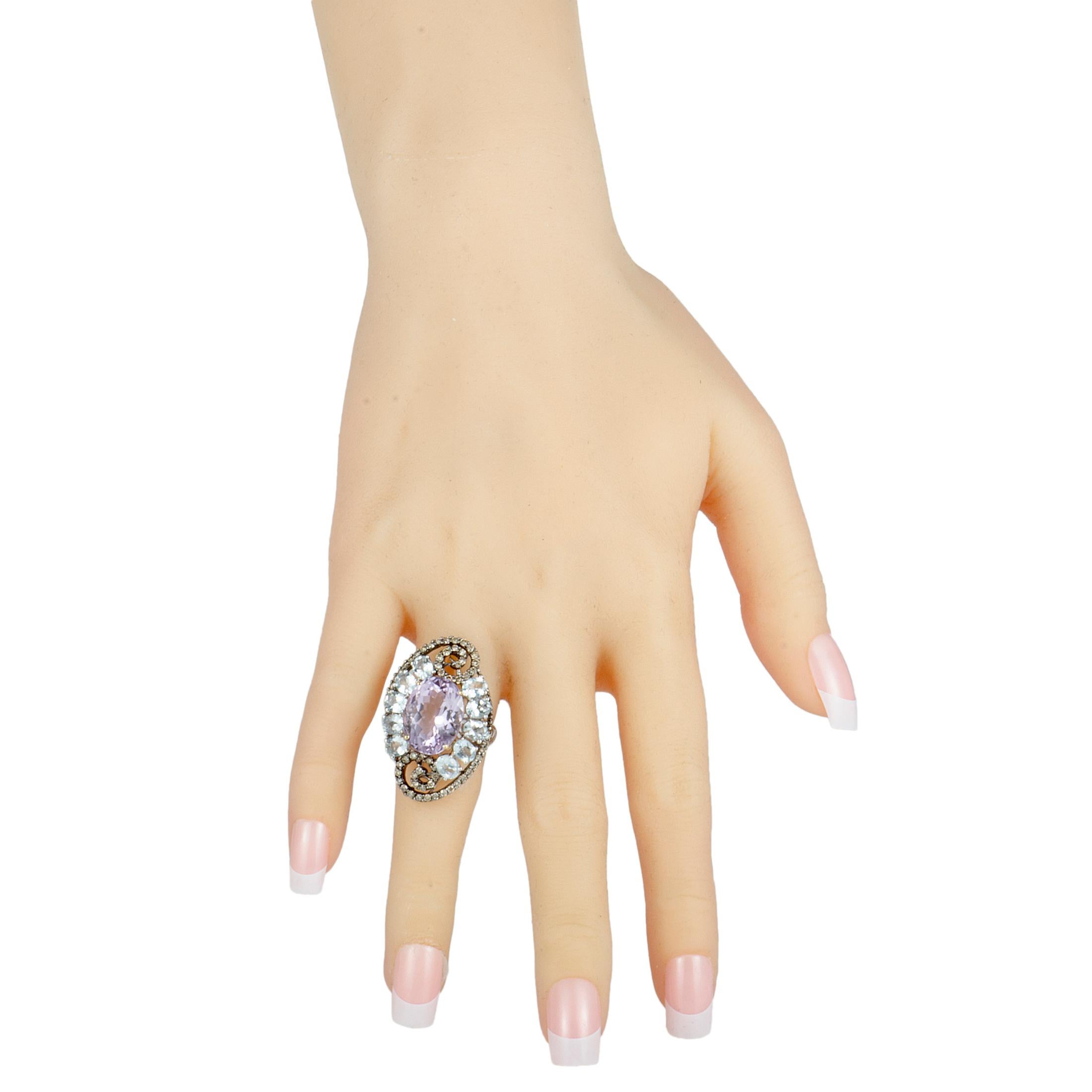 Women's Diamond Aquamarine and Oval Kunzite White and Rose Gold and Black Rhodium Ring