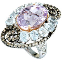 Vintage Diamond Aquamarine and Oval Kunzite White and Rose Gold and Black Rhodium Ring