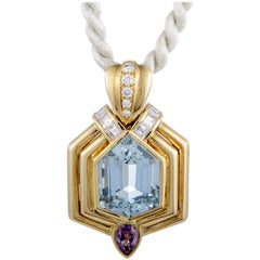 Diamond, Aquamarine and Sapphire Lace Yellow Gold Pendant Necklace