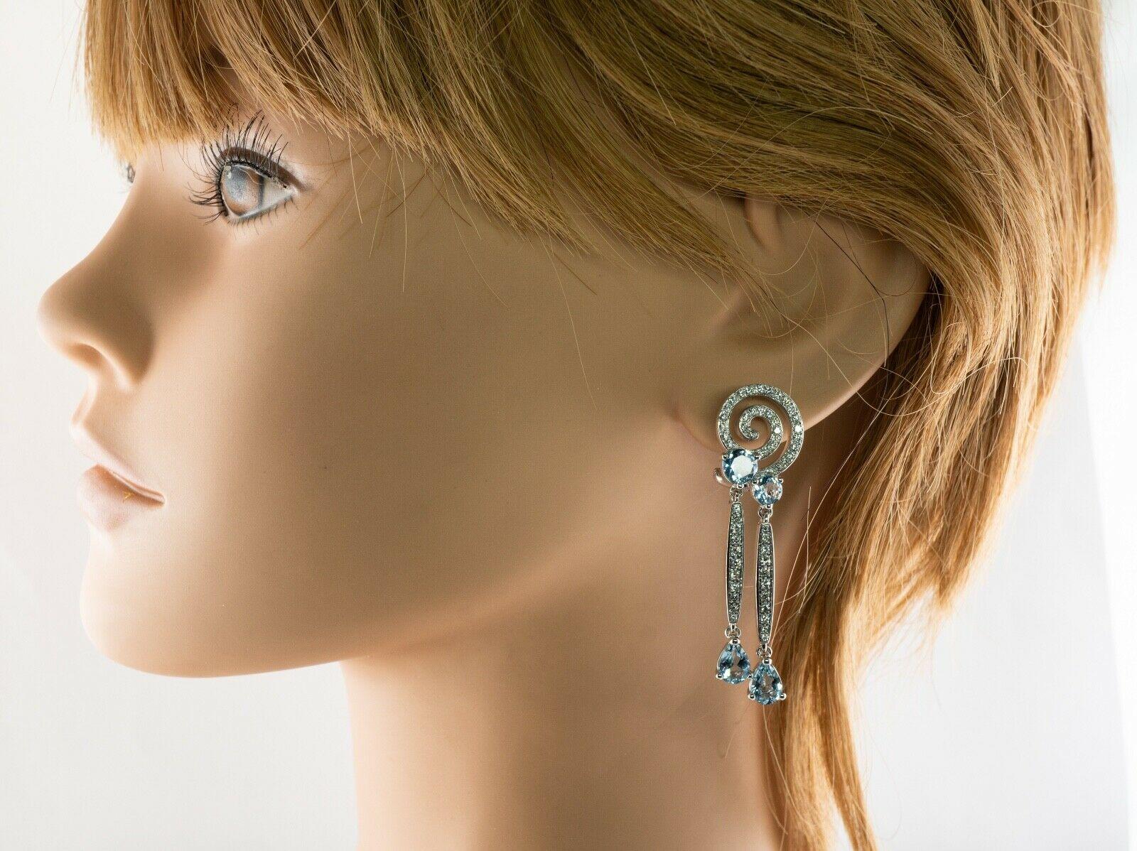 Diamond Aquamarine Earrings 18K Gold Dangle Geometric Spiral For Sale 4